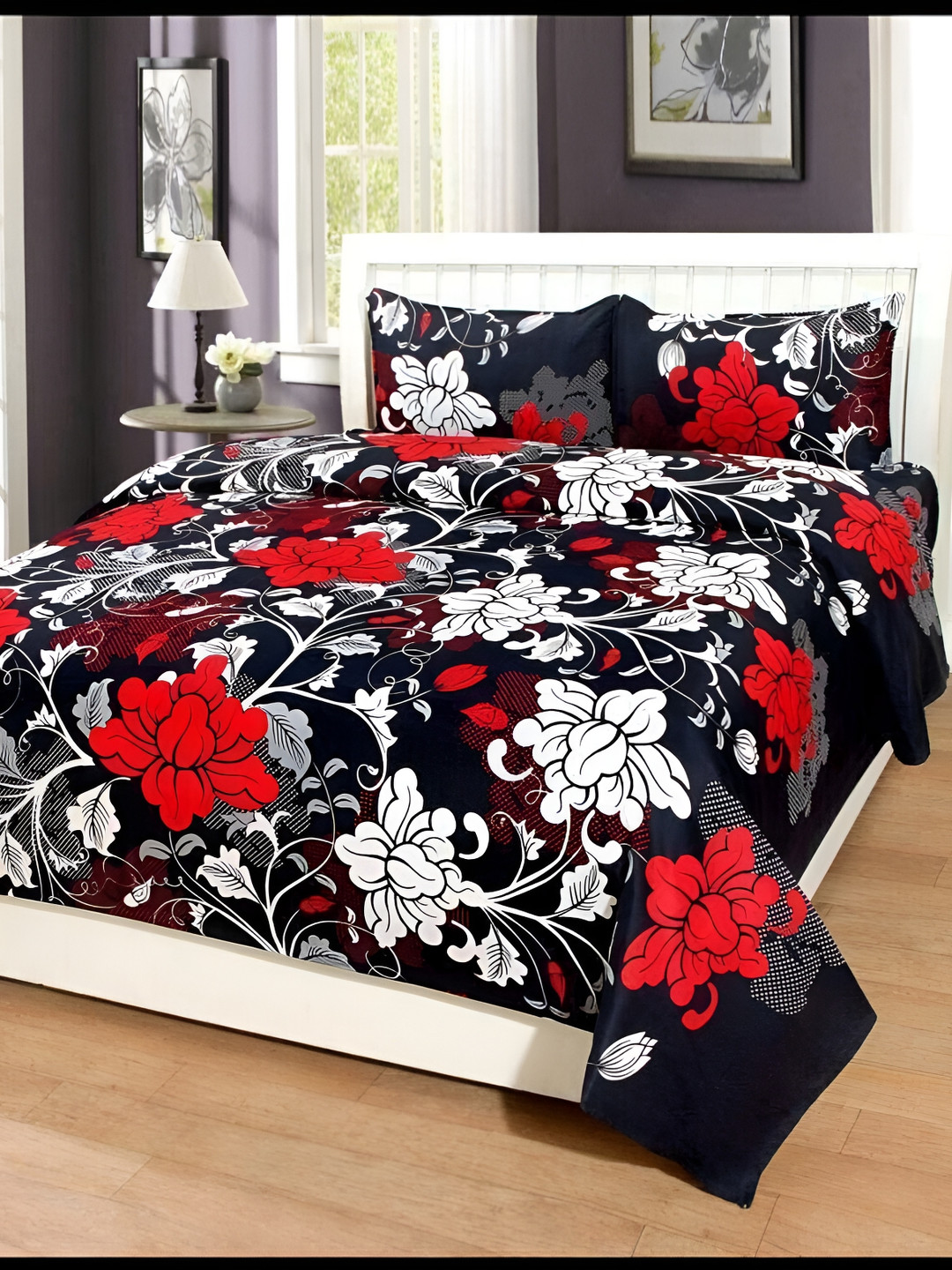 Supreme Home Collective Black Floral Microfiber 144 TC Queen Fine Bedsheet with 2 Pillow Covers-89 x 89 inches