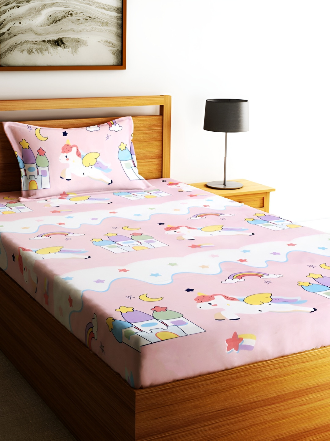 Home Sizzler Pink Cartoon Characters Microfiber 144 TC Single Bedsheet with a Pillow Cover-220 x 140 cm
