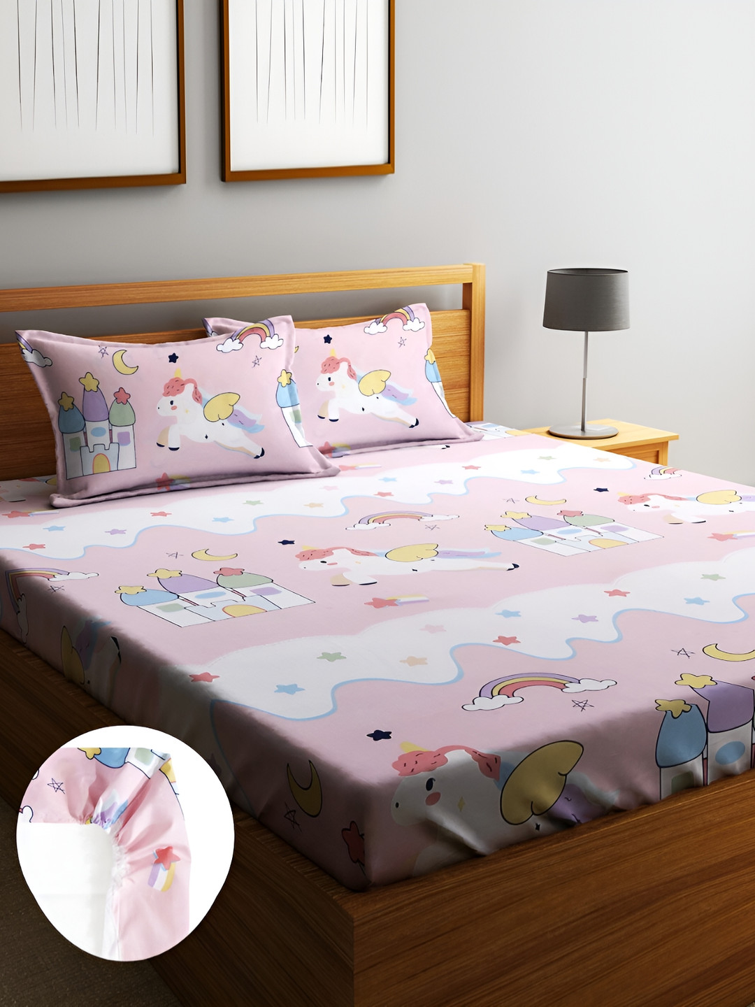 Home Sizzler Royal Velar Pink Cartoon Characters Microfiber 144 TC Fitted King Bedsheet with 2 Pillow Covers-198.12 x 182.88 cm