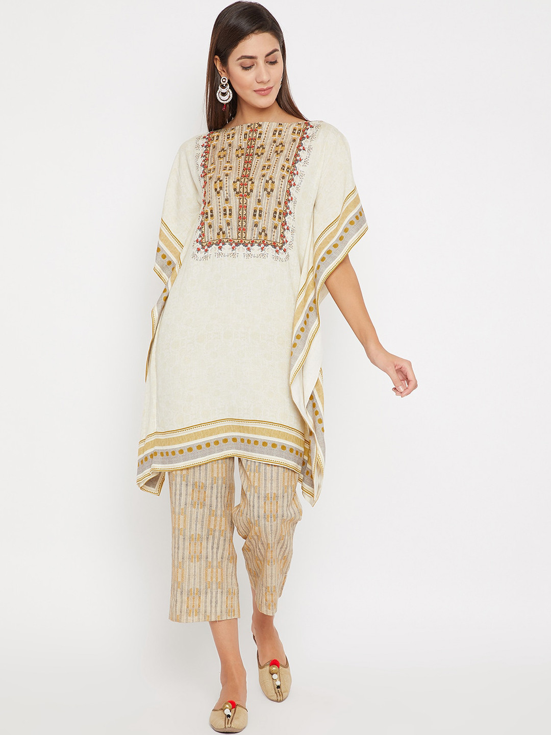 The Kaftan Company Abstract Embroidered Boat Neck Beads & Stones Kaftan Kurta