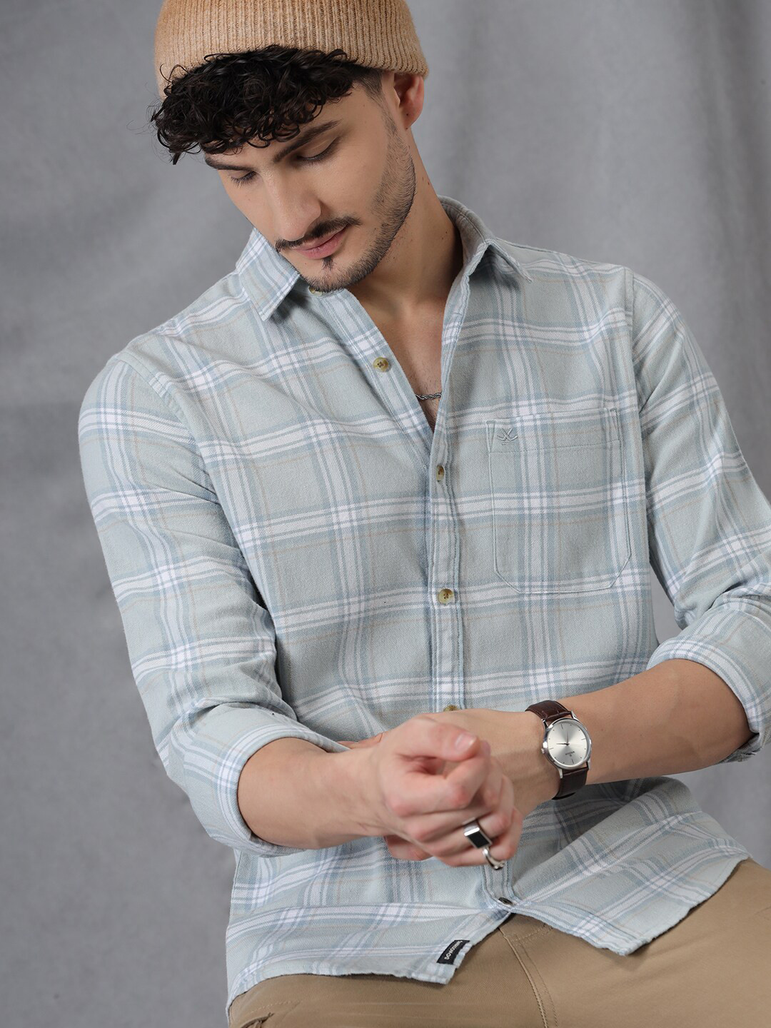 WROGN Comfort Slim Fit Tartan Checked Spread Collar Long Sleeves Casual Shirt