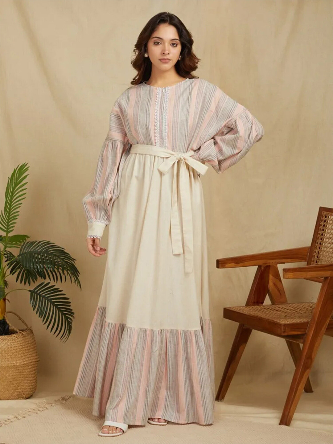 SANASH Collections Striped Cuffed Sleeves Cotton Linen Tie-Ups  Maxi Dress