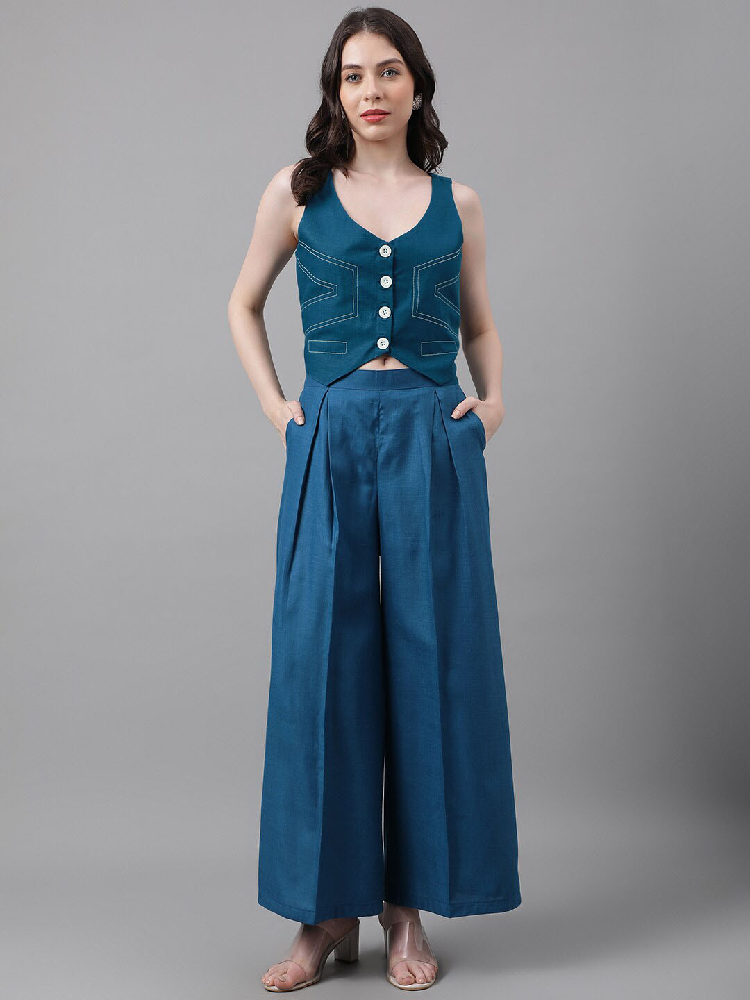 TRYMISFIT Sleeveless V-Neck Waistcoat & Flared Palazzo Co-Ords