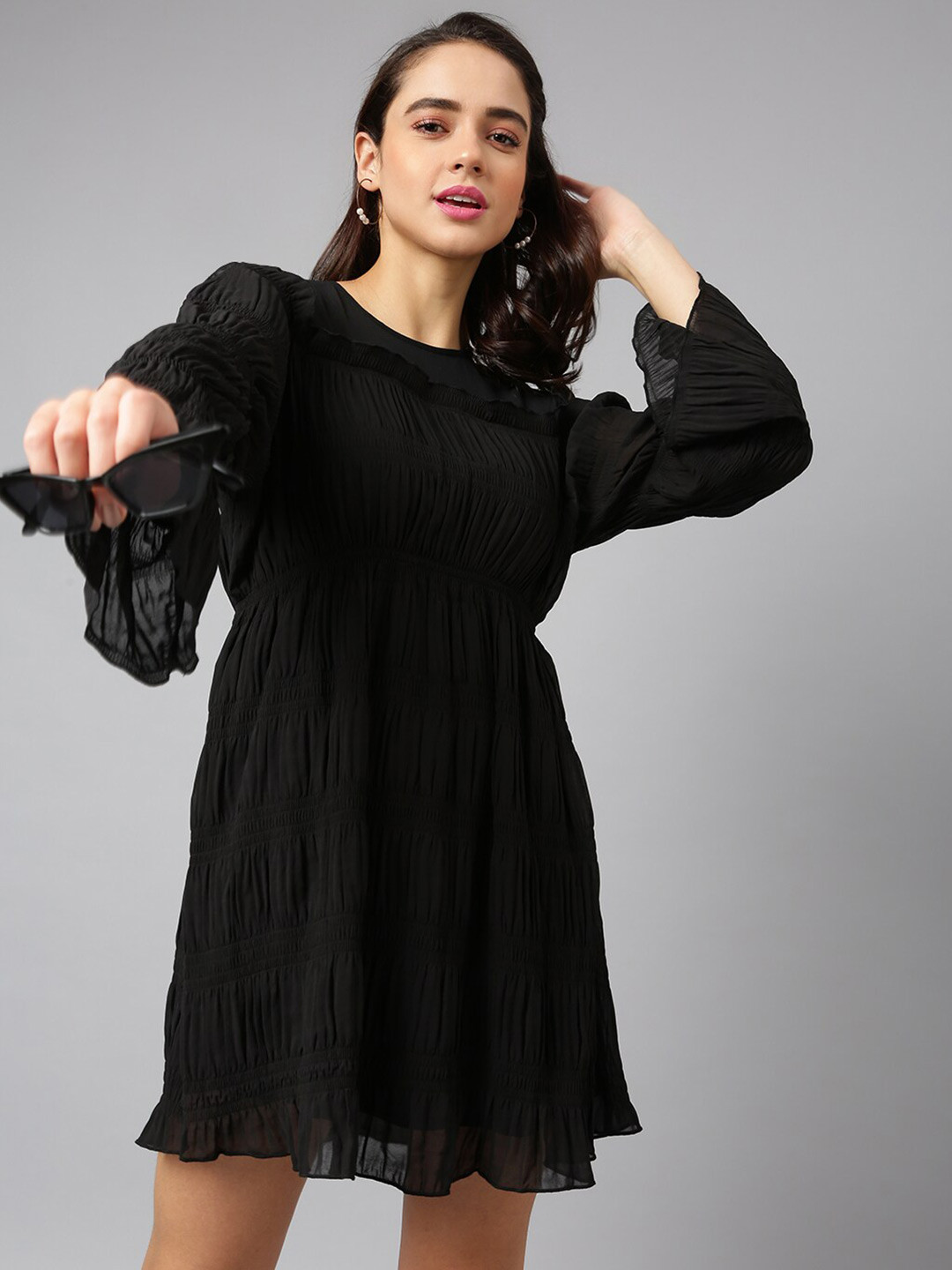 ANAI Striped Bell Sleeves Fit & Flare Gathered or Pleated Dress