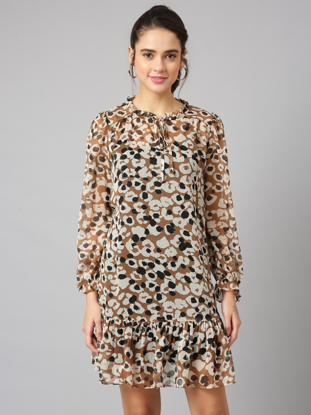 ANAI Animal Printed Tie-Up Neck A-Line Dress