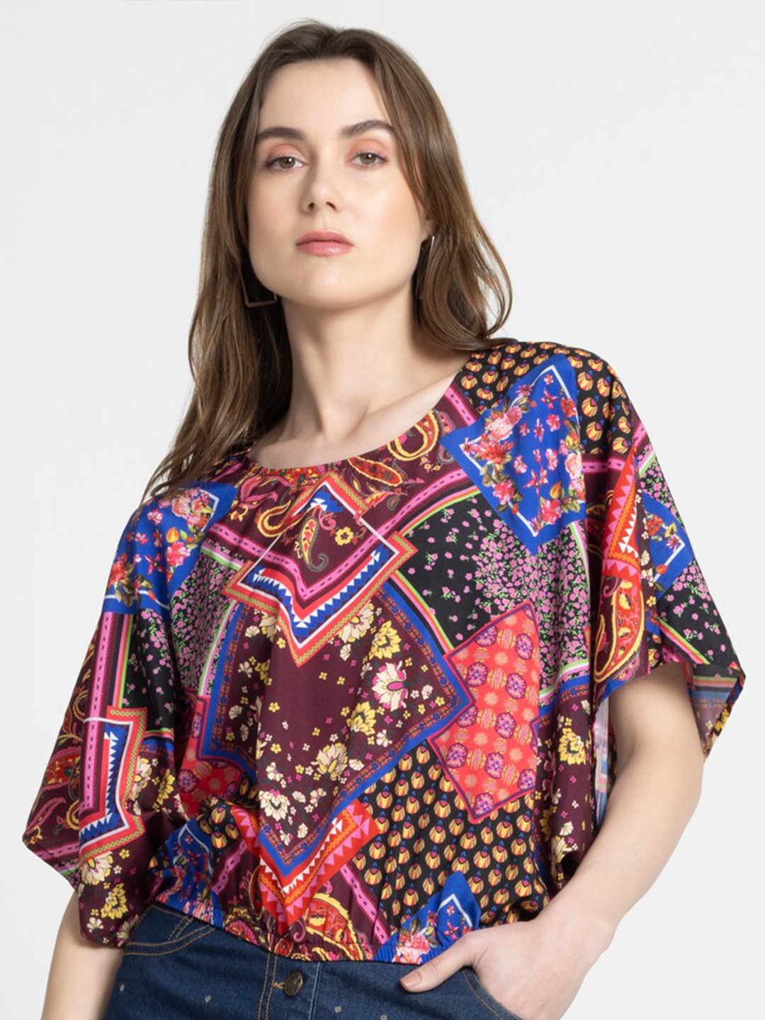 SHAYE Maroon Ethnic Printed Extended Sleeves Crepe Round Neck Top