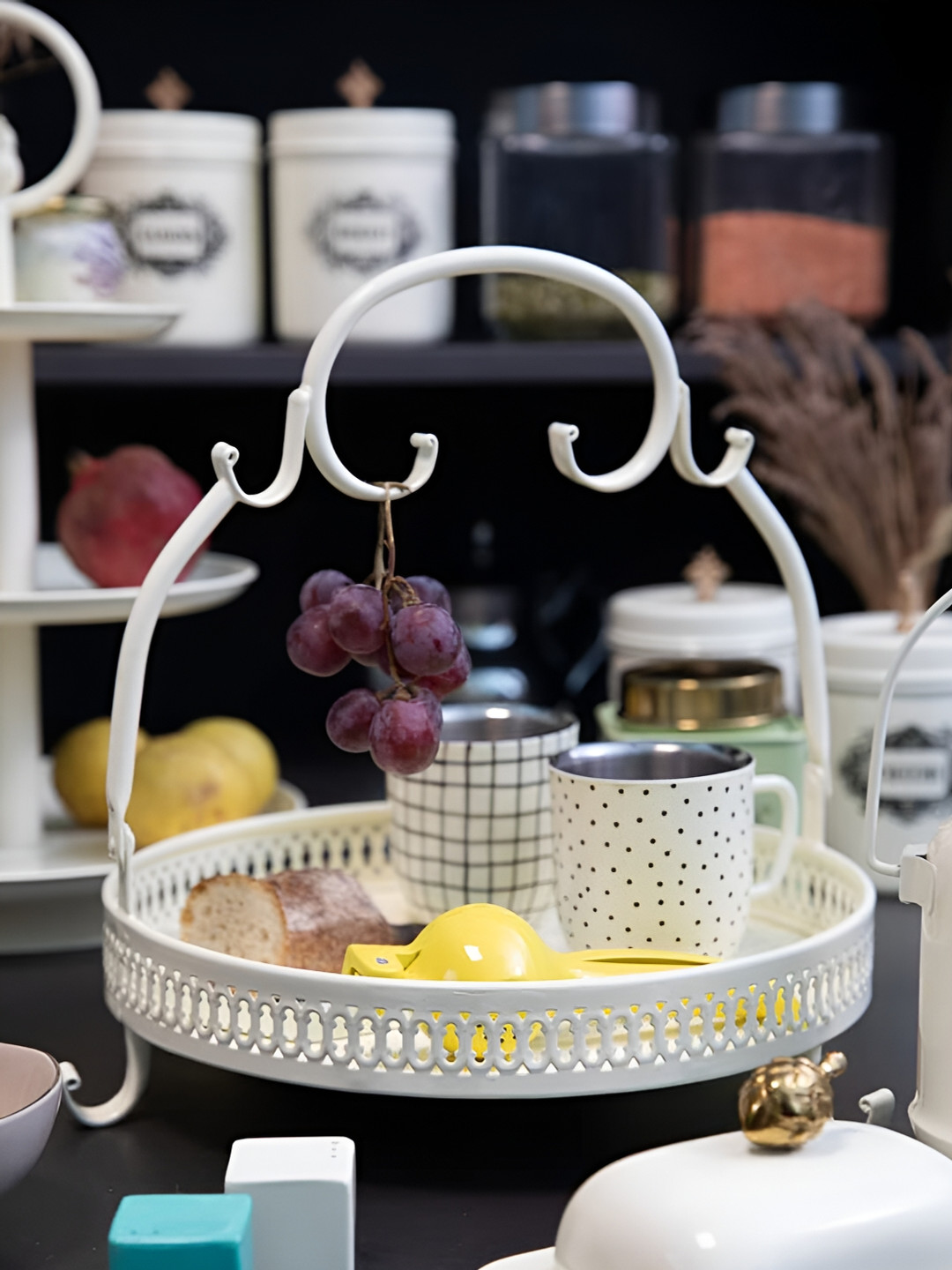 Living With Elan Baroque Off White Round Metal Tray with Handle