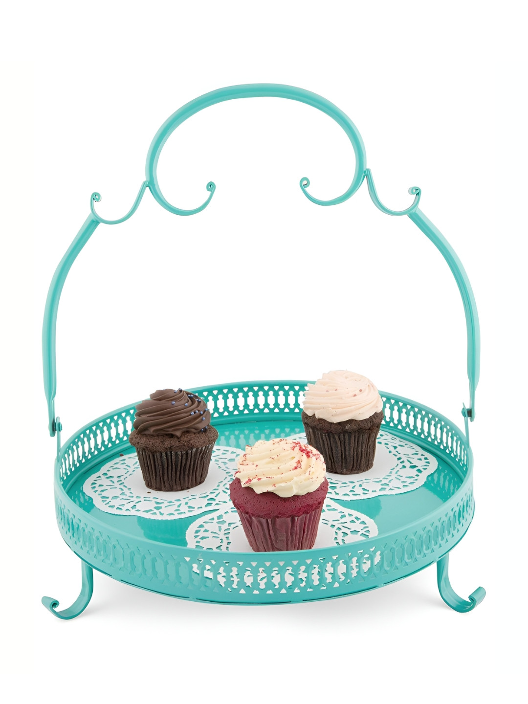 Living With Elan Aqua Metal Round Fruit Platter Baroque Serving Tray With Handle