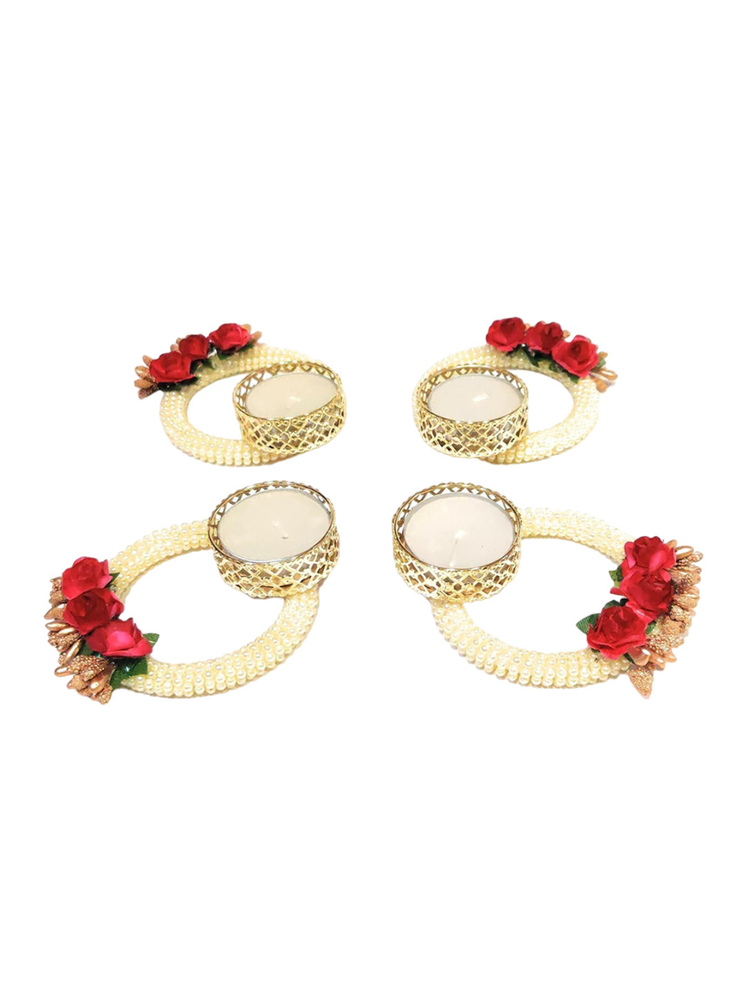 Special You White & Red 8 Pieces Tea Light Candles With Rose Candle Holders