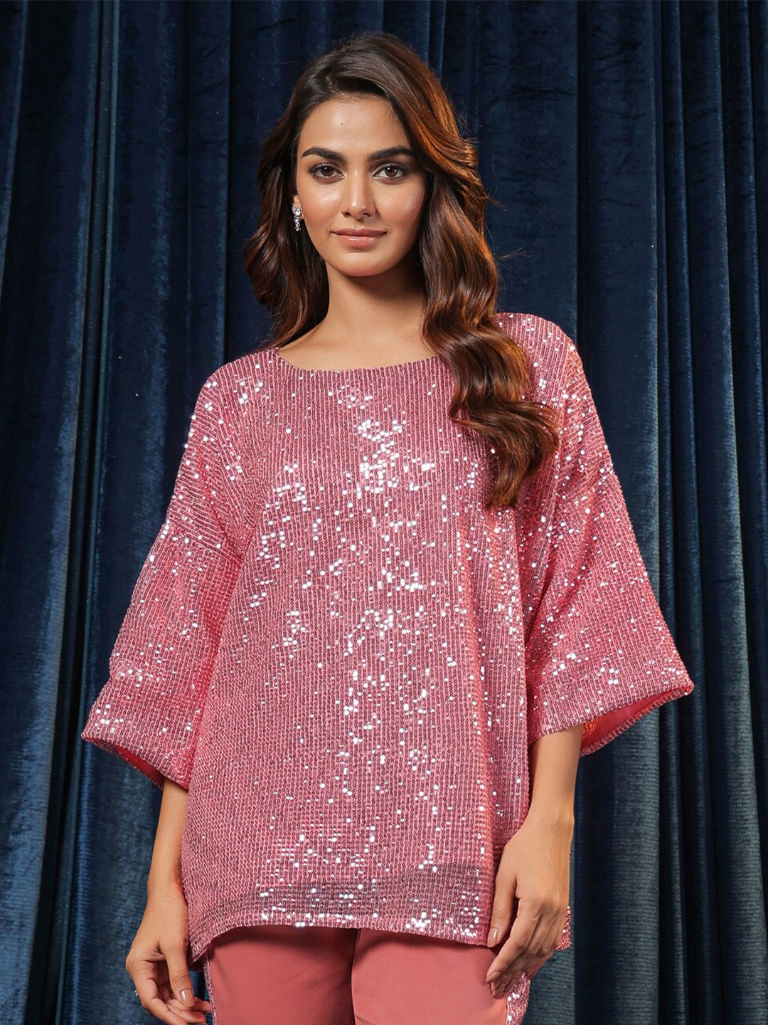 B'Infinite Embellished Round Neck Sequinned Regular Top