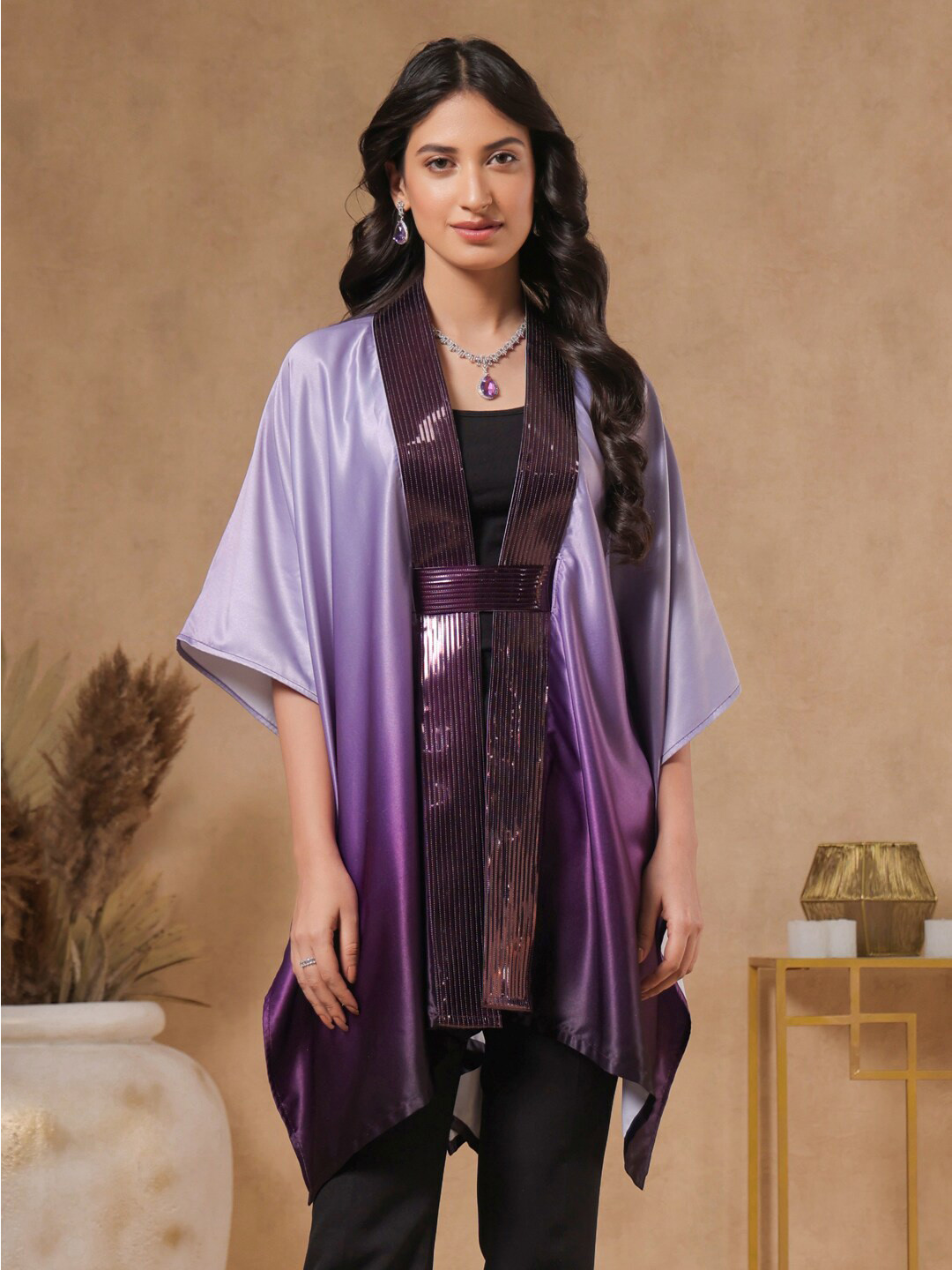 B'Infinite Ombre Kimono Sleeve Satin Kaftan Cape