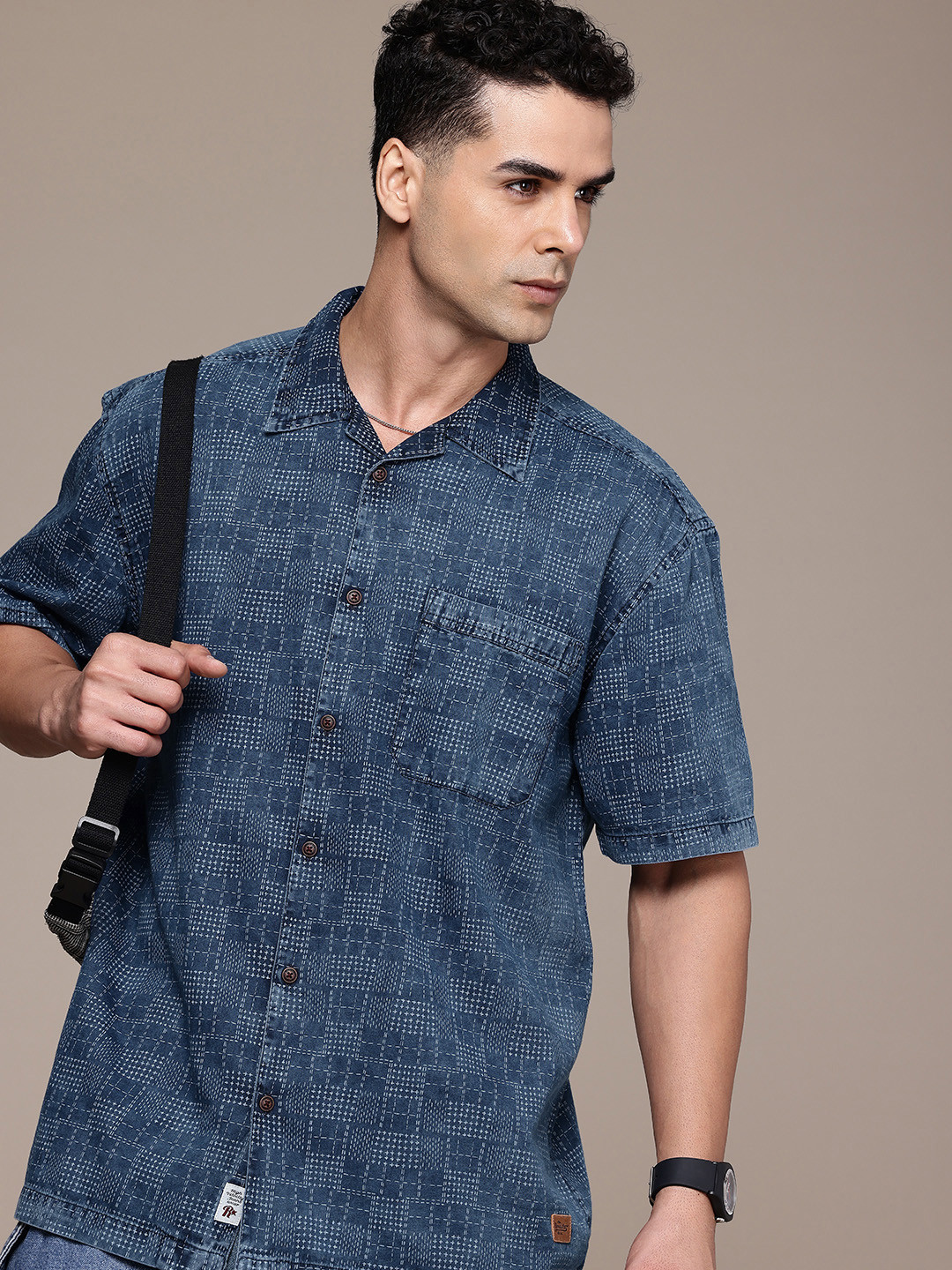 Roadster Men Printed Cuban Collar Relaxed Fit Pure Cotton Denim Casual Shirt