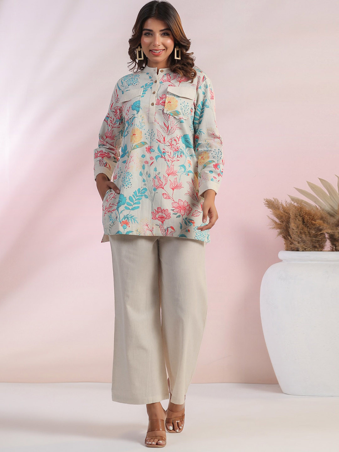 JISORA Blue Printed Pure Cotton Mandarin Collar Neck Tunic With Flared Trouser Co-Ords