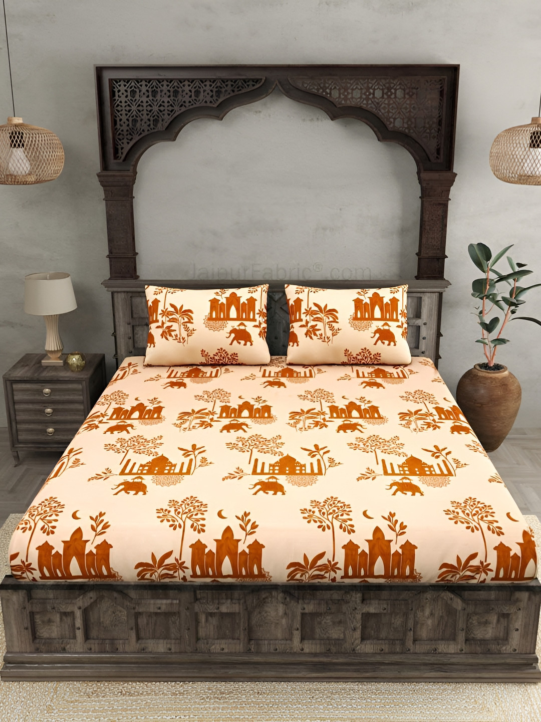 Innovative Edge Jaipuri Gold Ethnic Motifs Cotton 160 TC Fitted King Superfine Bedsheet with 2 Pillow Covers-198 x 213 cm