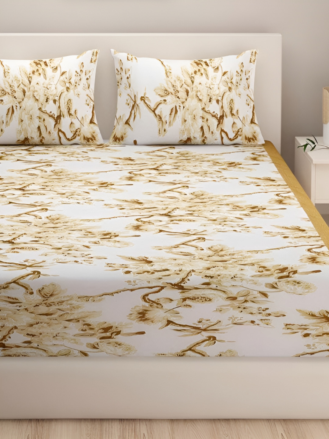 Innovative Edge Gold Floral Cotton 160 TC Fitted Double Superfine Bedsheet with 2 Pillow Covers-78 x 84 inches