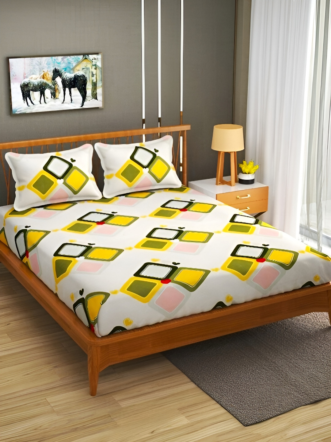 Innovative Edge Cream Geometric Cotton 160 TC Fitted King Superfine Bedsheet with 2 Pillow Covers-78 x 84 inches