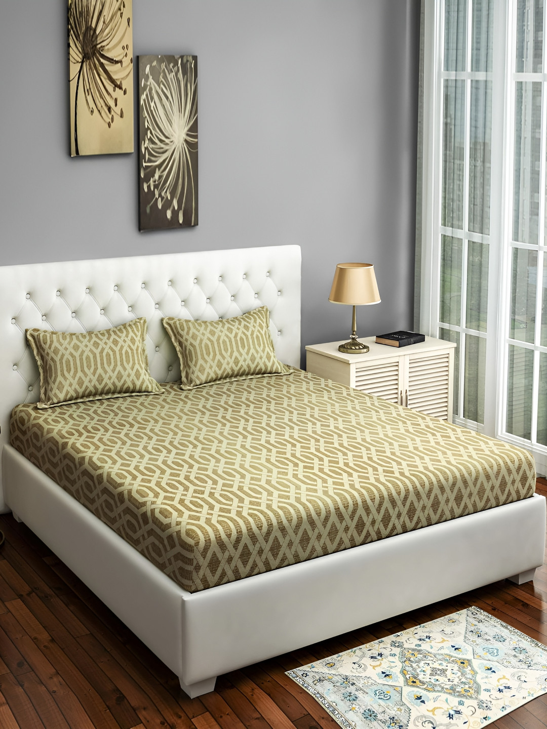 Innovative Edge Gold Geometric Cotton 160 TC Fitted King Superfine Bedsheet with 2 Pillow Covers-198 x 213 cm