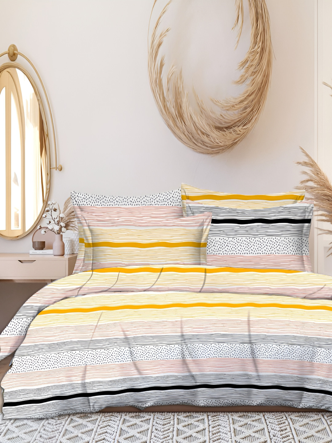 Innovative Edge White Abstract Cotton 160 TC Fitted King Superfine Bedsheet with 2 Pillow Covers-198 x 213 cm