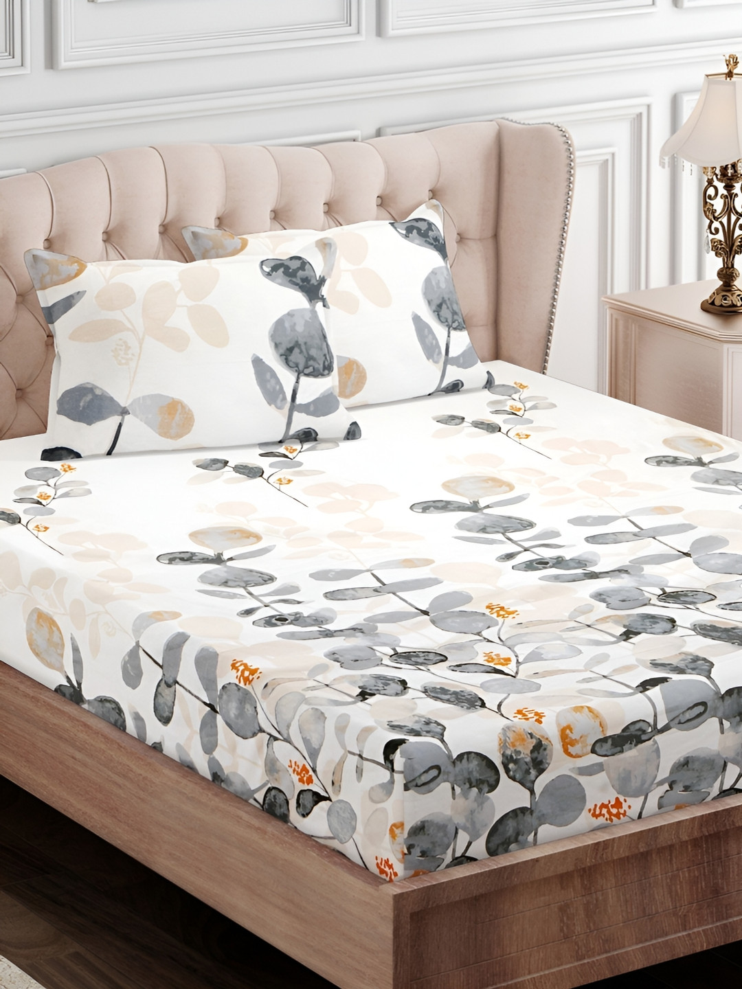 Innovative Edge Grey Floral Cotton 160 TC Fitted King Superfine Bedsheet with 2 Pillow Covers-78 x 84 inches