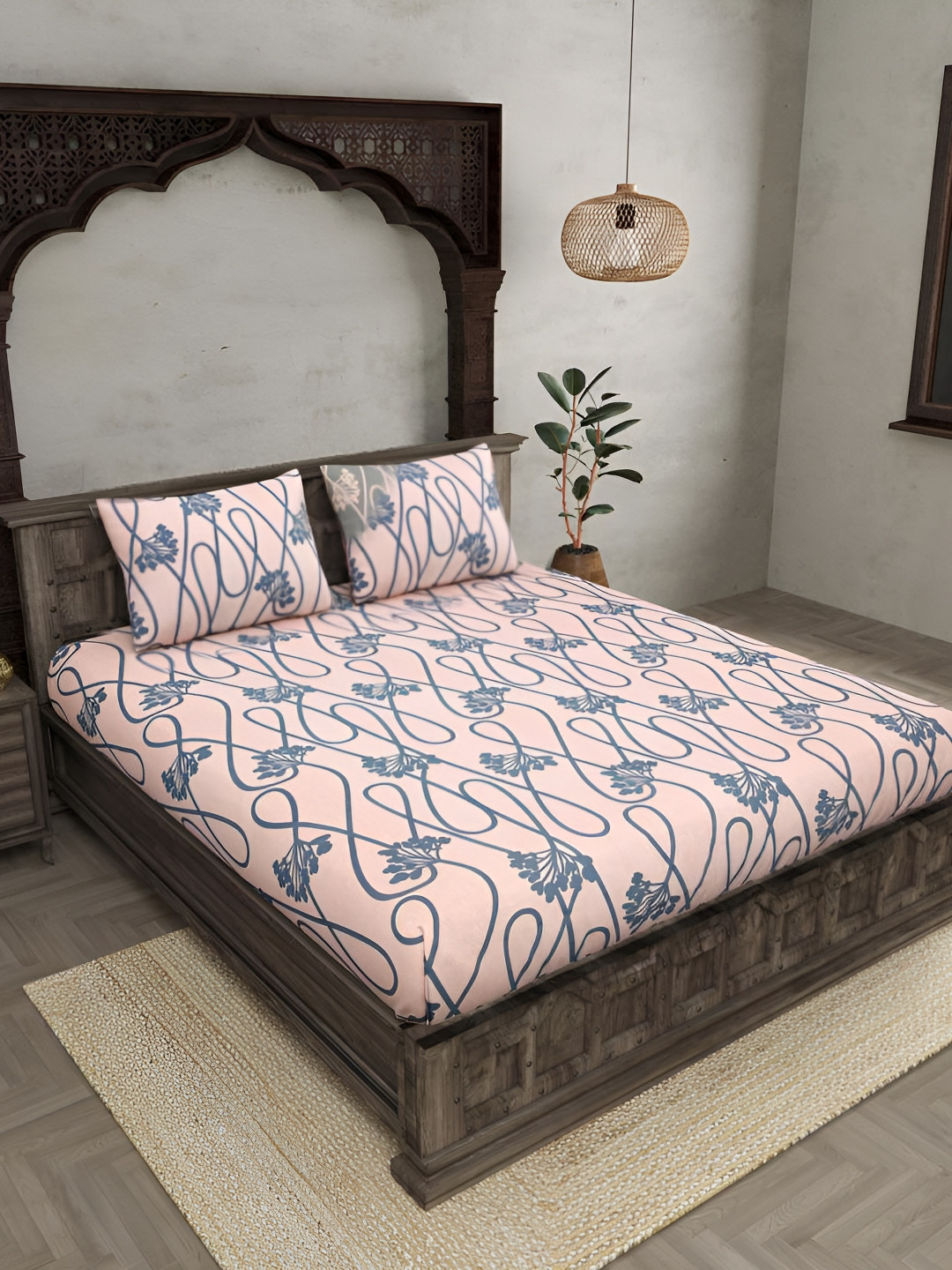 Innovative Edge Pink Floral Cotton 160 TC Fitted King Superfine Bedsheet with 2 Pillow Covers-78 x 84 inches