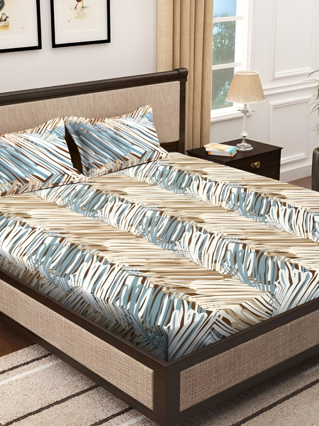 Innovative Edge Brown Abstract Cotton 160 TC Fitted King Superfine Bedsheet with 2 Pillow Covers-84 x 78 inches