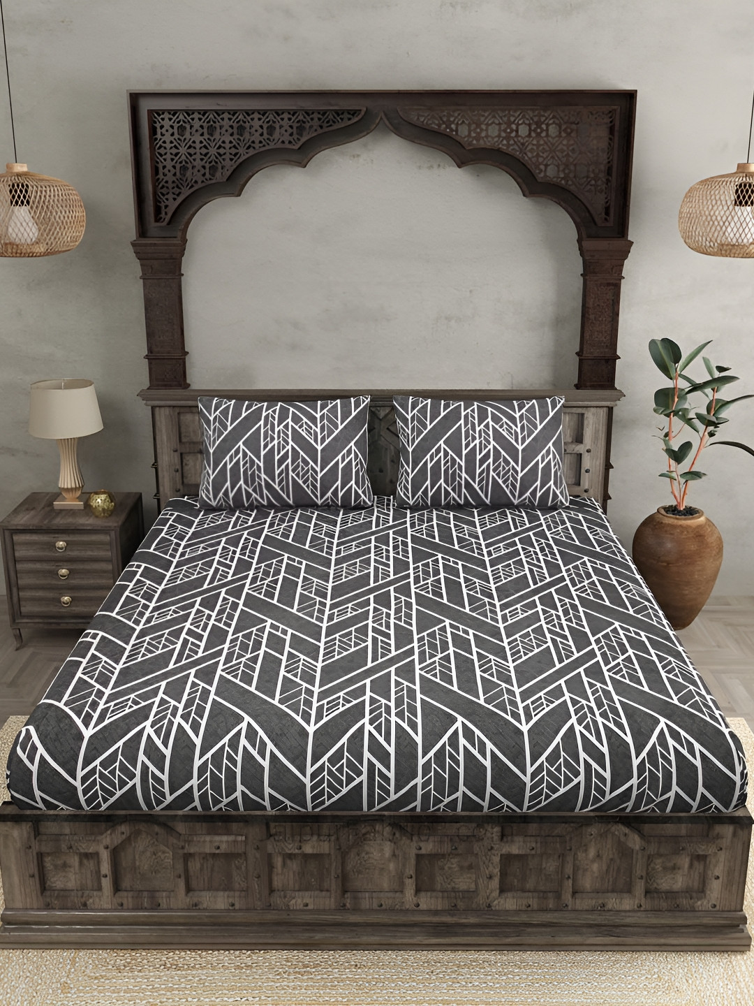 Innovative Edge Grey Abstract Cotton 160 TC Fitted King Superfine Bedsheet with 2 Pillow Covers-78 x 84 inches