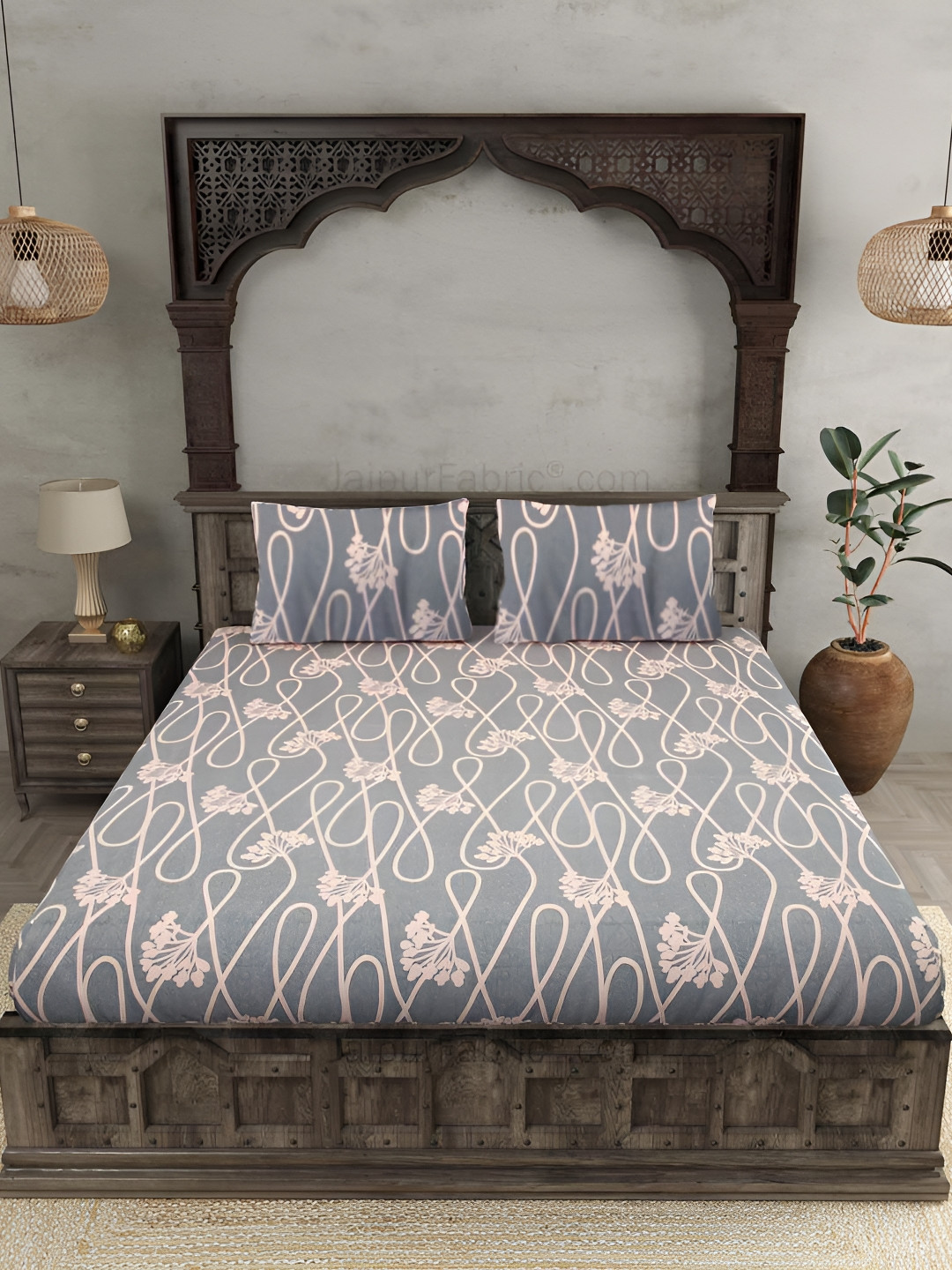 Innovative Edge Grey Floral Cotton 160 TC Fitted King Superfine Bedsheet with 2 Pillow Covers-84 x 78 inches