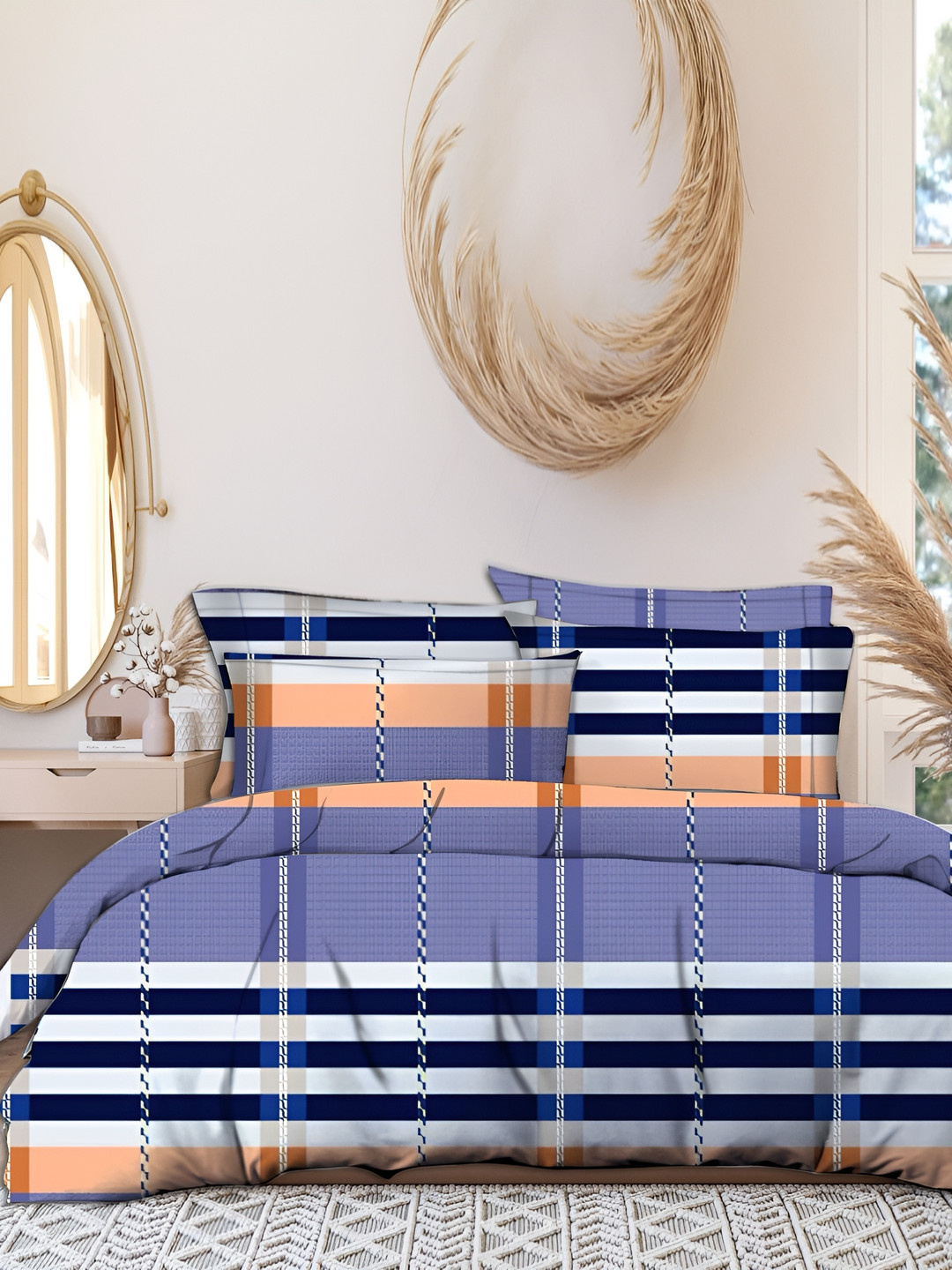 Innovative Edge Blue Abstract Cotton 160 TC Fitted King Superfine Bedsheet with 2 Pillow Covers-84 x 78 inches