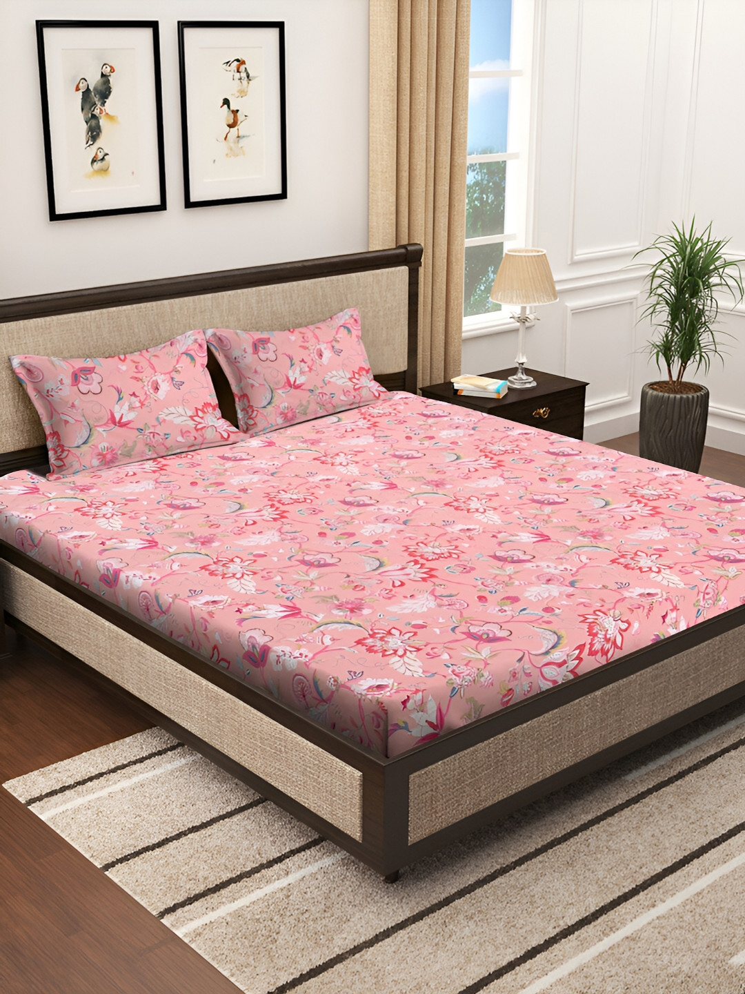 Innovative Edge Pink Floral Cotton 160 TC Fitted King Superfine Bedsheet with 2 Pillow Covers-213 x 198 cm