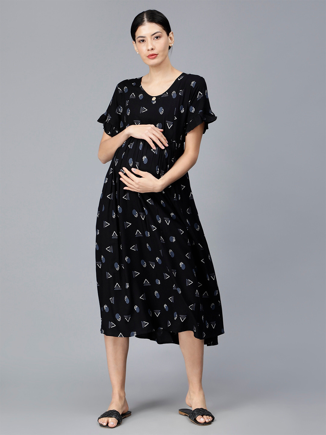 NIGHTSPREE Floral Printed Flared Sleeve Maternity A-Line Midi Dress