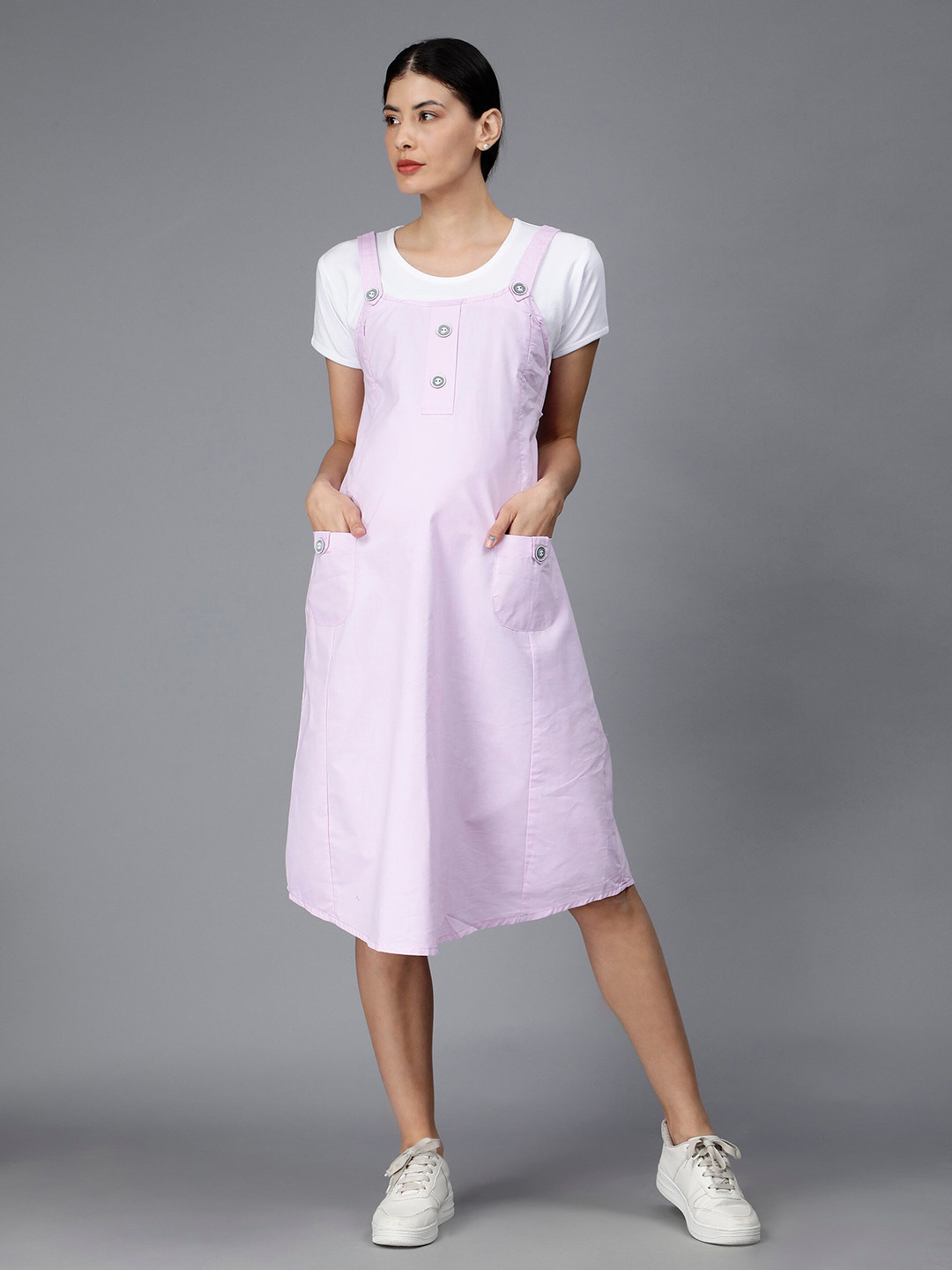 NIGHTSPREE Round Neck Short Sleeves Maternity A-Line Midi Dress