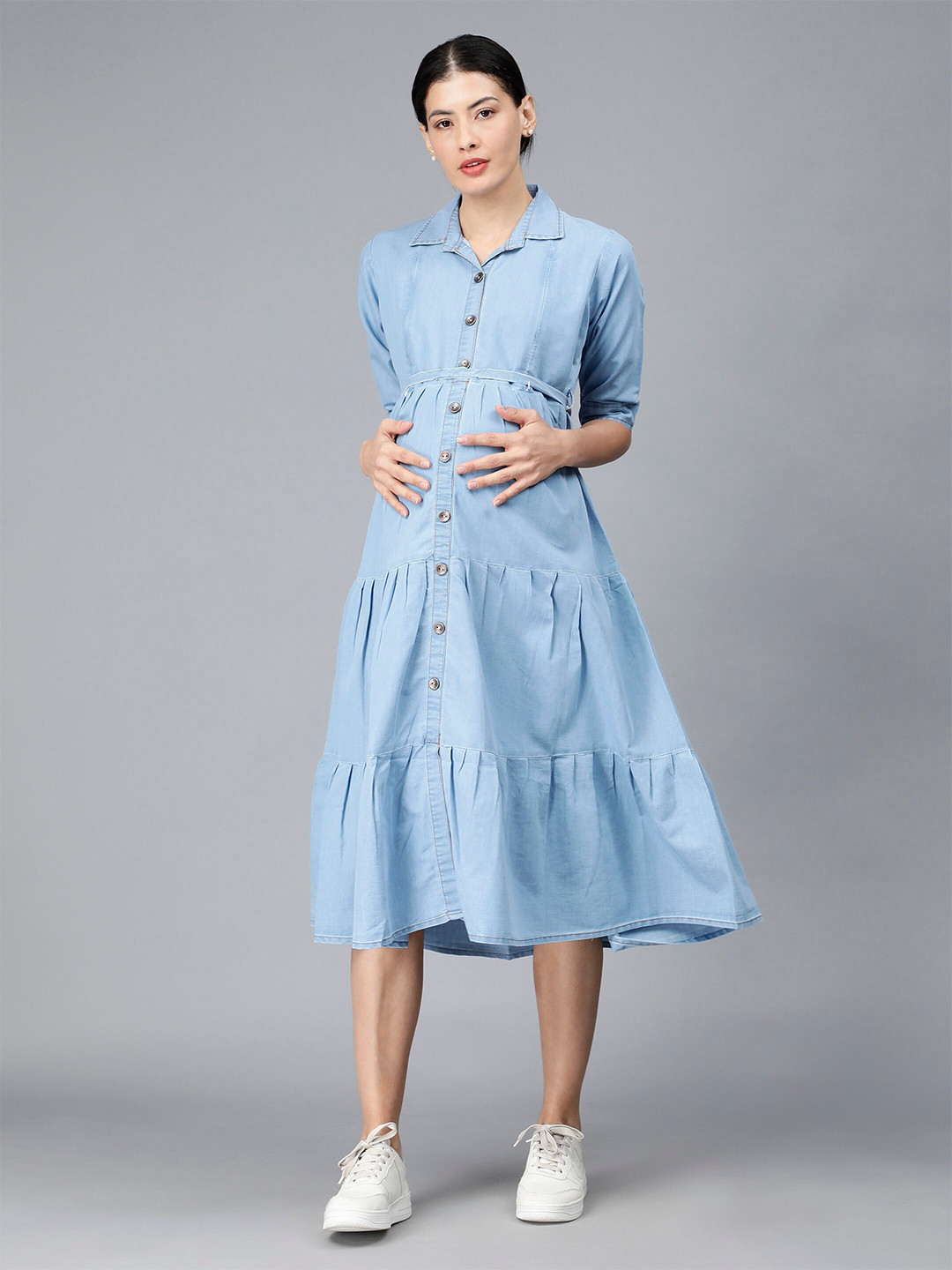 NIGHTSPREE Shirt Collar Cotton Maternity Shirt Midi Dress
