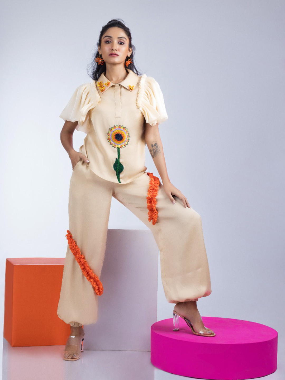 FIRKI Embroidered Shirt Collar Top With Dhoti Pants