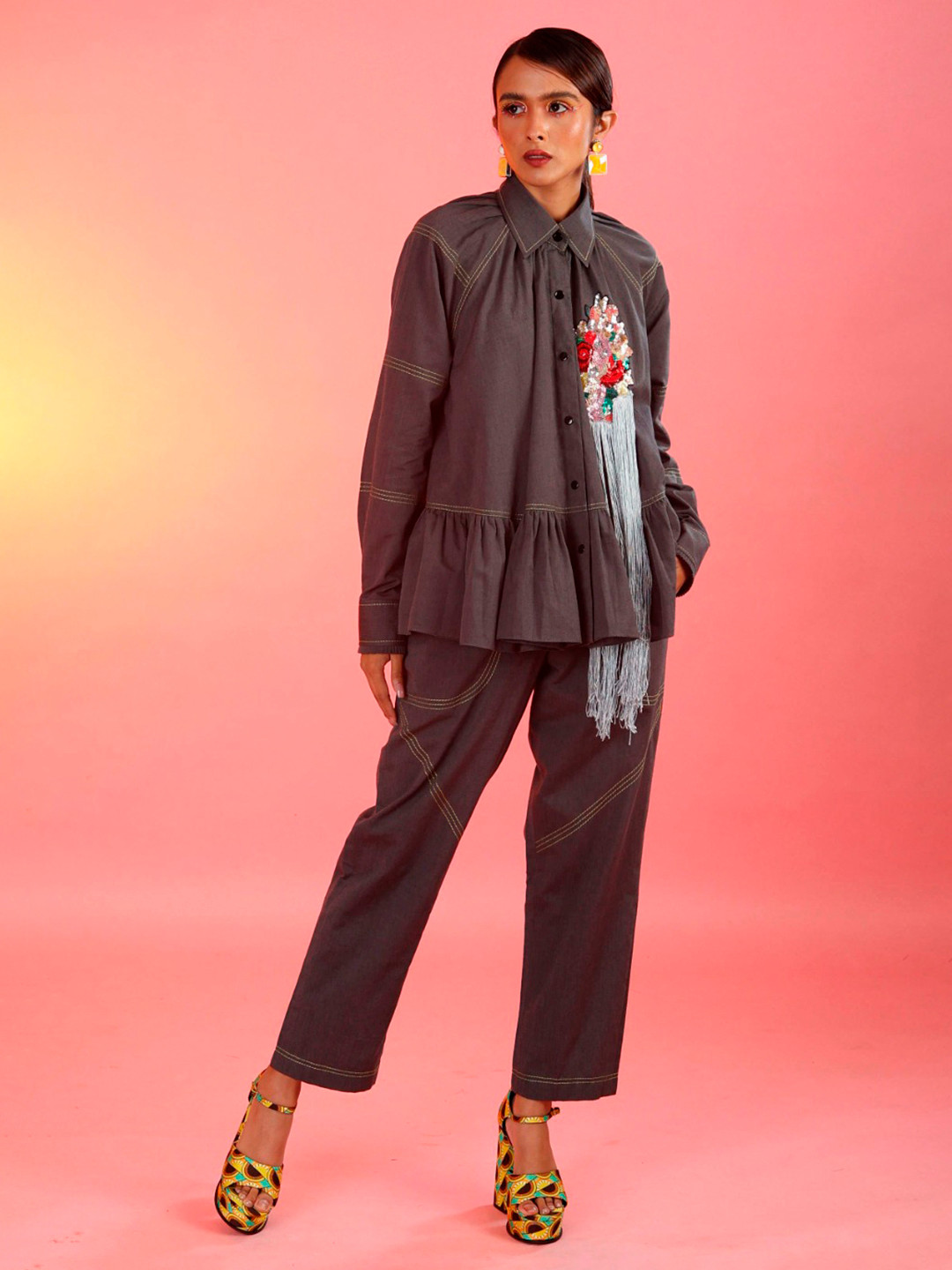 FIRKI Embellished Long Sleeves Pure Cotton Top With Trousers