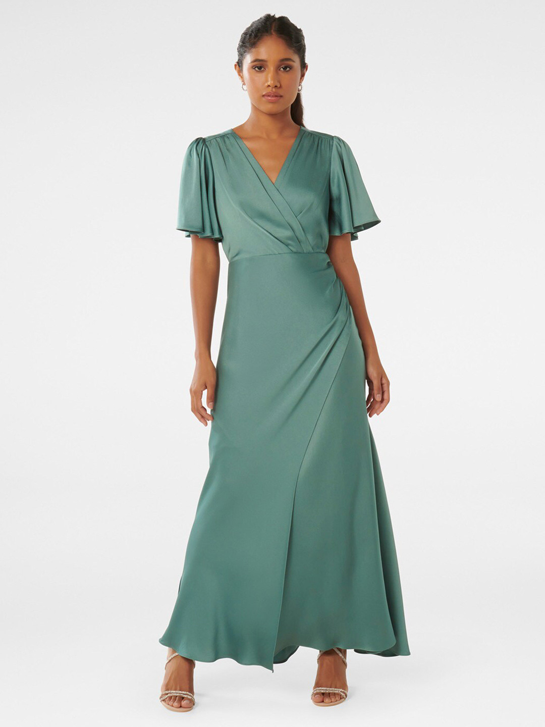 Forever New V-Neck Flared Sleeves Satin Maxi Dress