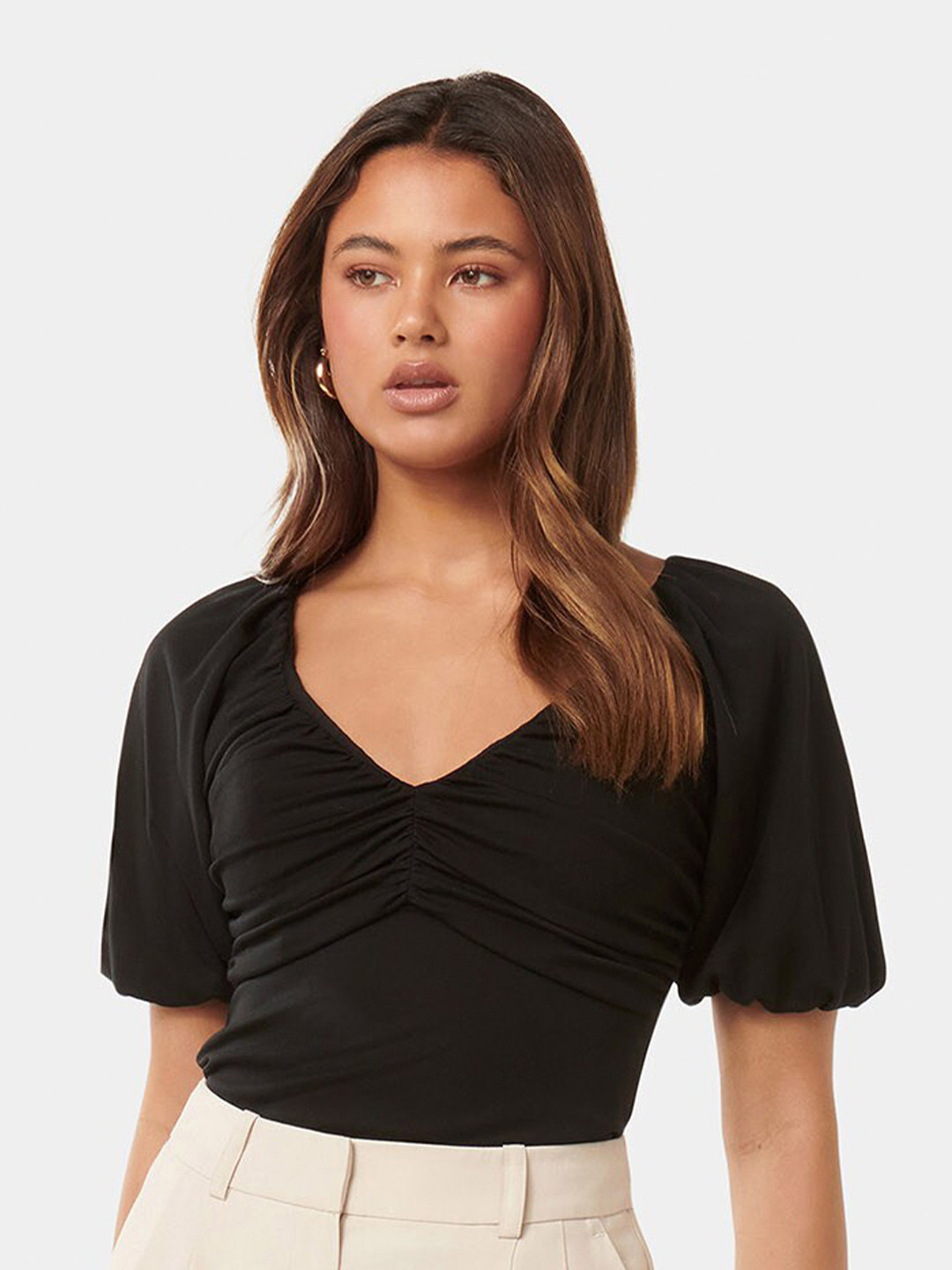Forever New Ruched Puff Sleeve Fitted Top