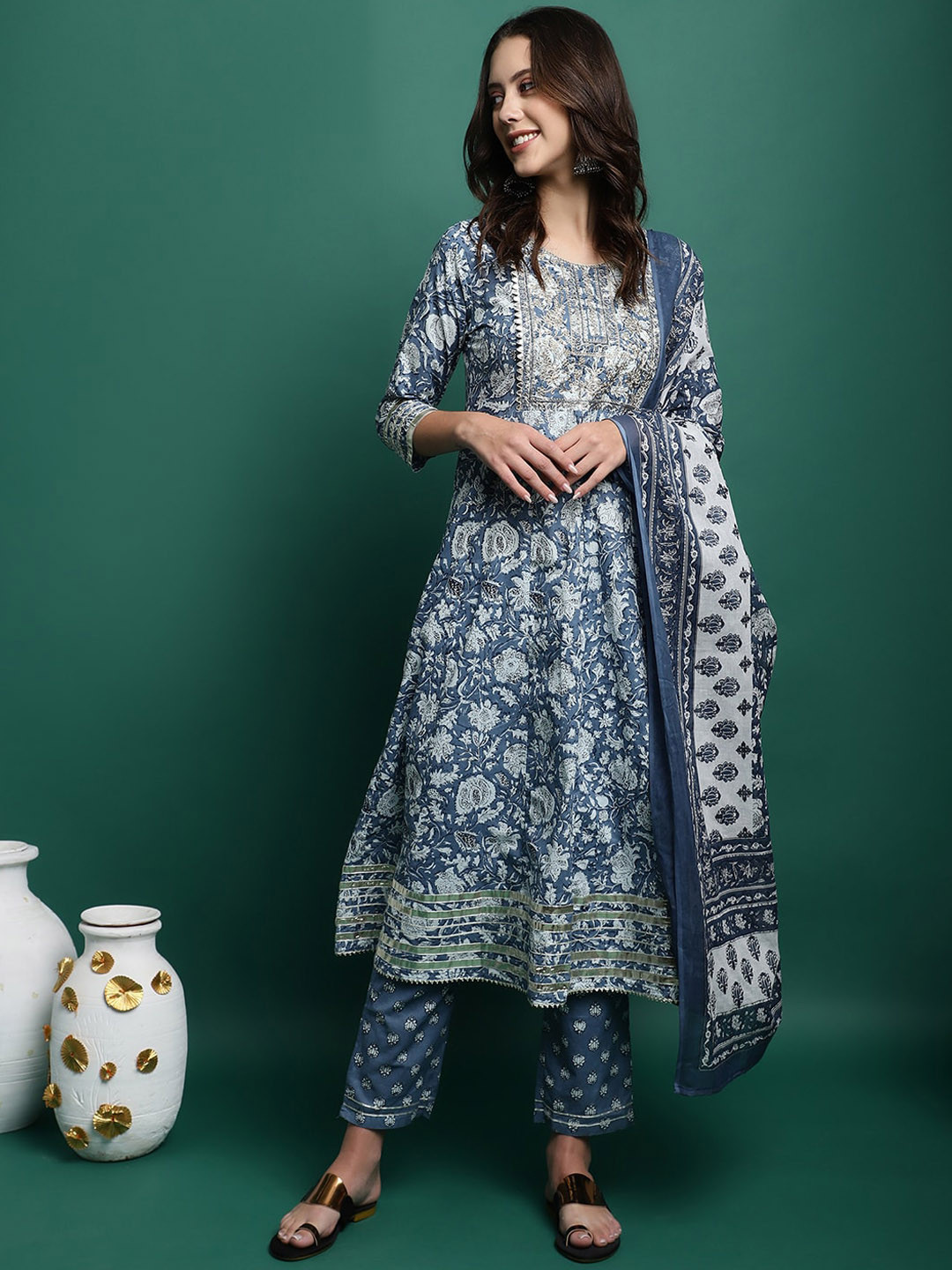 Sangria Floral Printed Pure Cotton Anarkali Kurta With Trousers & Dupatta
