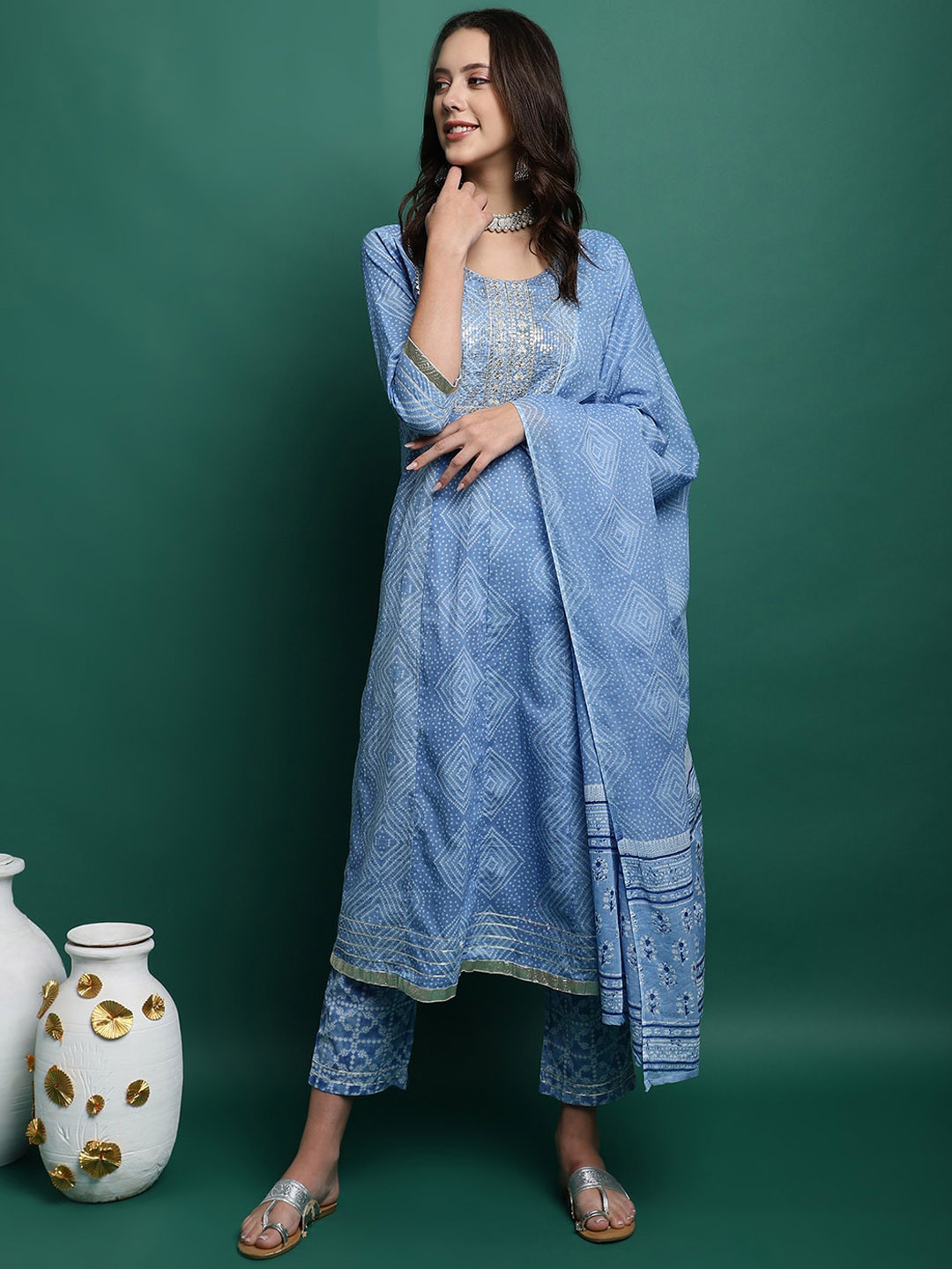 Sangria Bandahni Printed Pure Cotton Kurta With Trousers & Duppatta