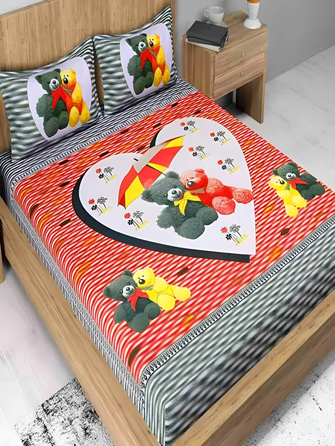 Runjhun Teddy Bear Red Conversational Cotton 144 TC Fitted Queen Bedsheet with 2 Pillow Covers-90 x 100 inches