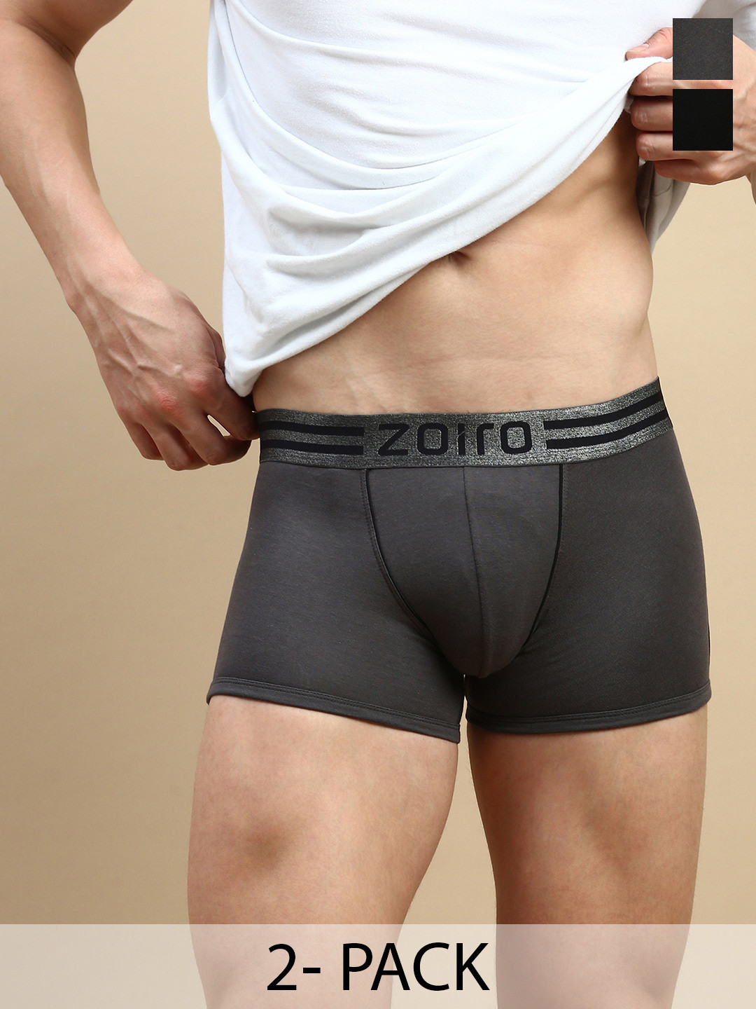 Zoiro Pack Of 2 Anti-Odor Cotton Trunks ZO-TR-515-CH-BLK-S-2PC