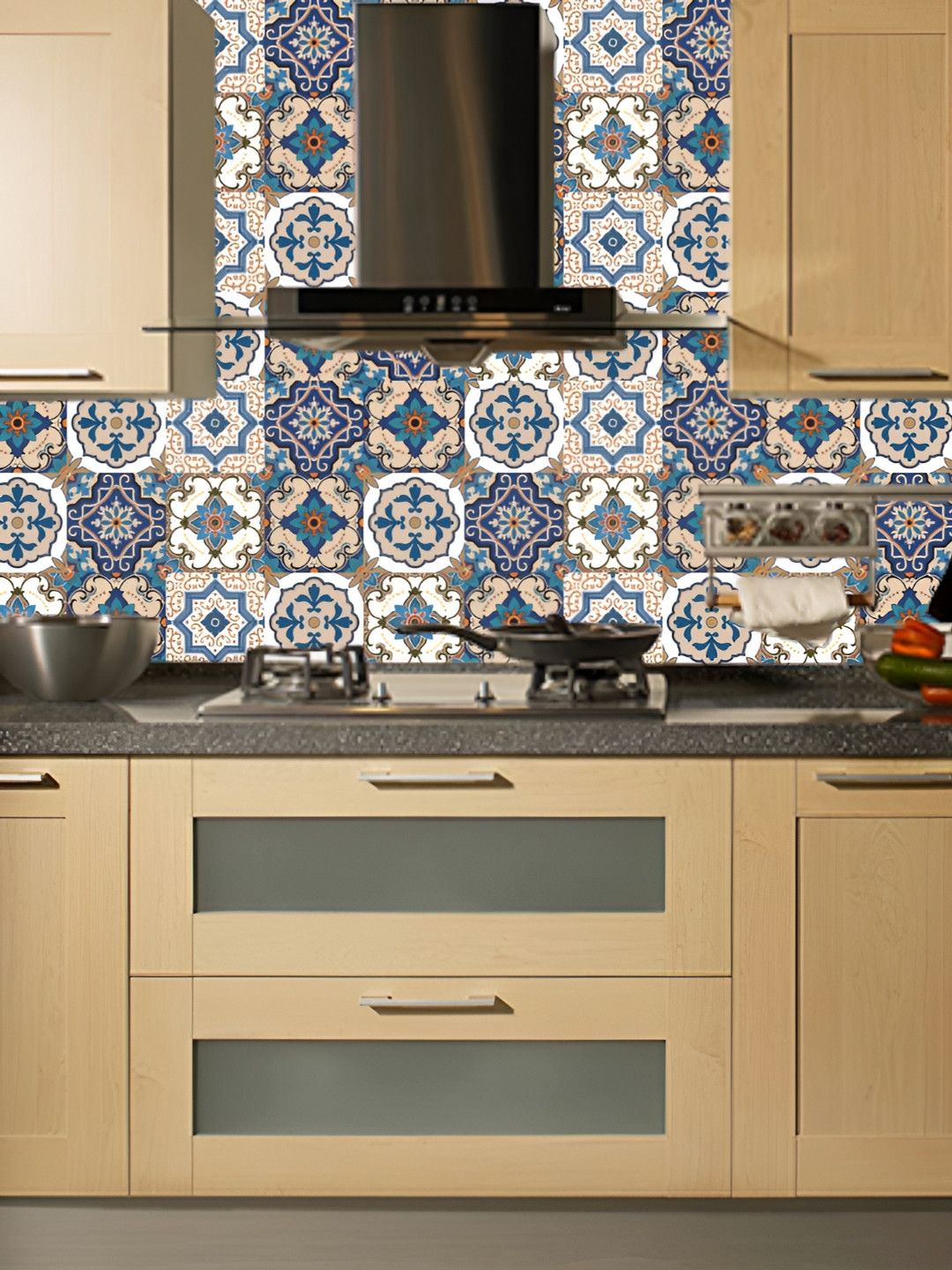 Asian royal Beige & Blue Ethnic Motif Printed Self-Adhesive Wallpaper