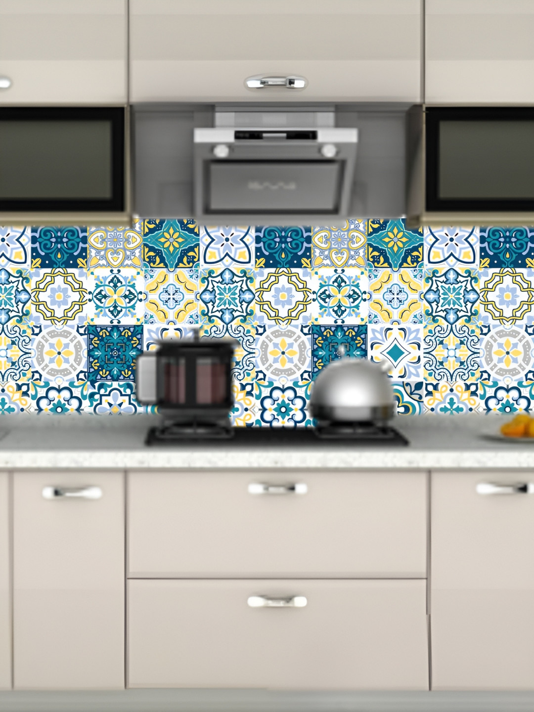 Asian royal White & Teal Abstract Printed Self-Adhesive Waterproof Wall Sticker
