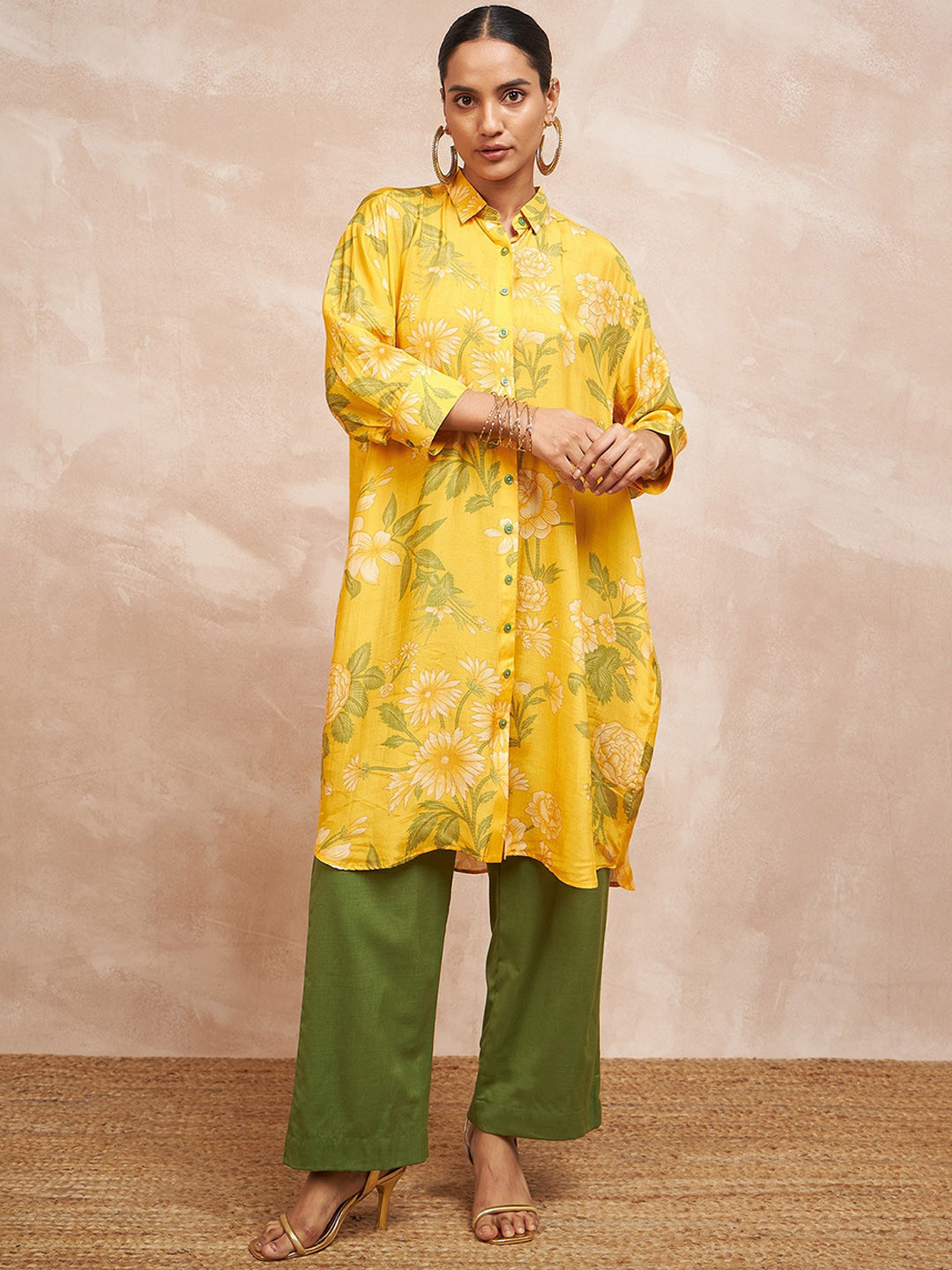 STADO Floral Printed Shirt Collar Pure Cotton Kurta with Palazzos