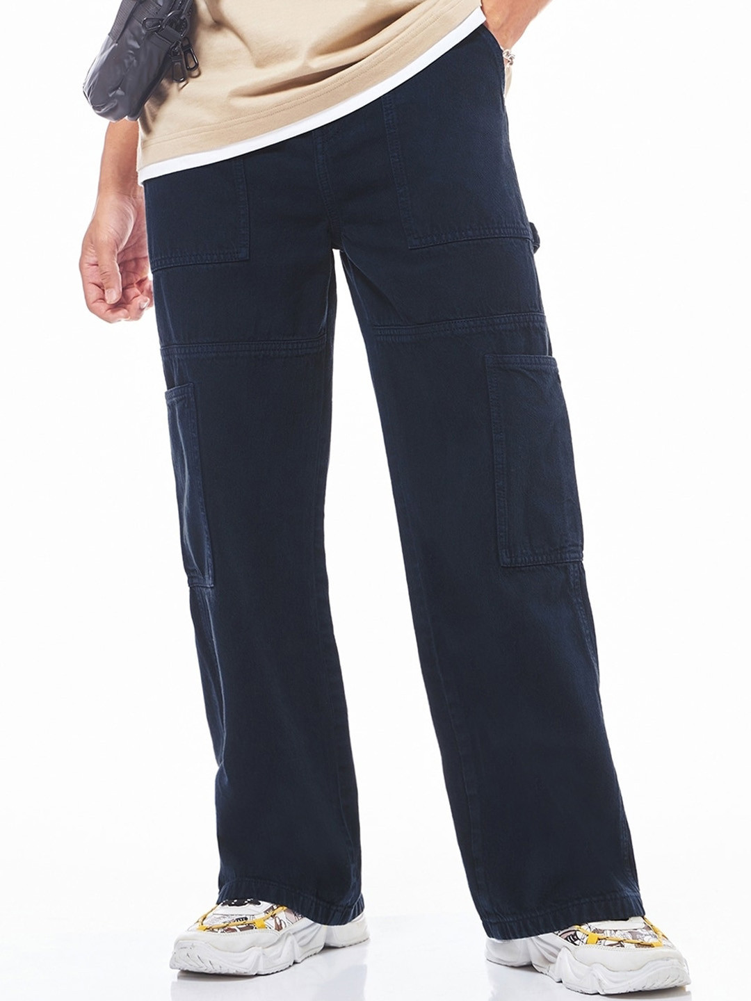 Bewakoof Men's Navy Blue Super Baggy Cargo Carpenter Mid-Rise Jeans