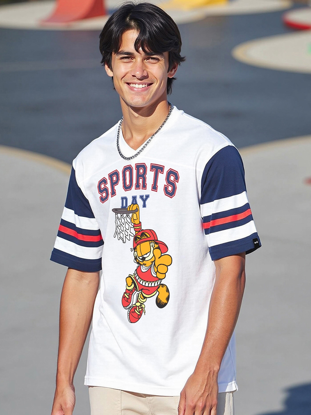 Bewakoof Garfield Printed V-Neck Drop-Shoulder Sleeves Oversized Cotton Sports T-shirt