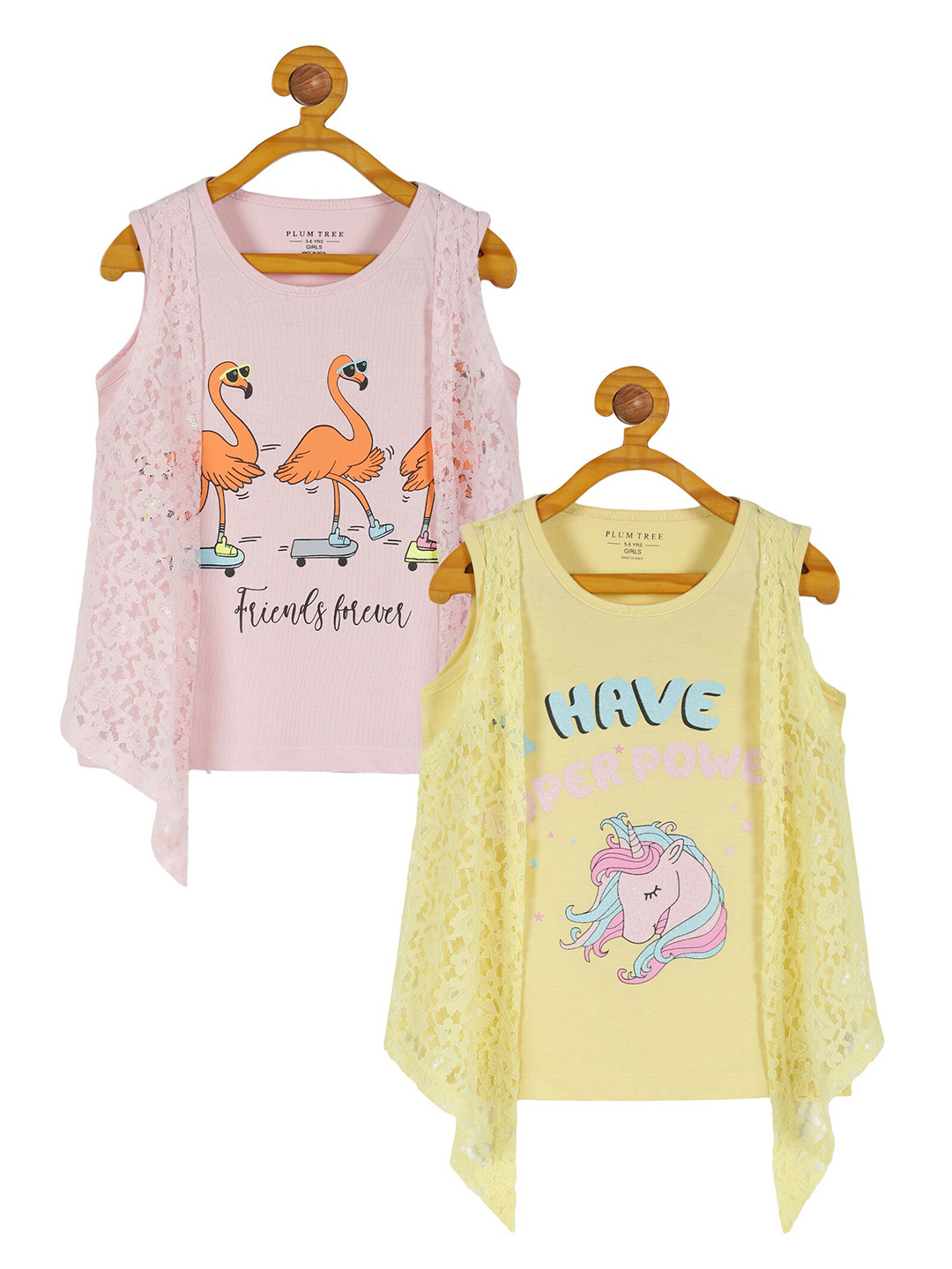 PLUM TREE Girls Pack of 2 Printed Round Neck Sleeveless Cotton Regular Fit T-shirt