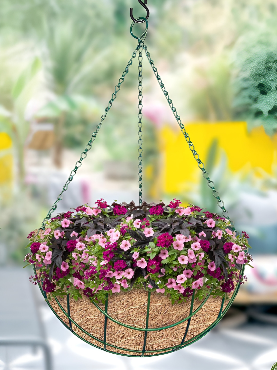 Garden Deco Brown & Green 4 Pieces Designer Coir Hanging Basket With Chain Planter
