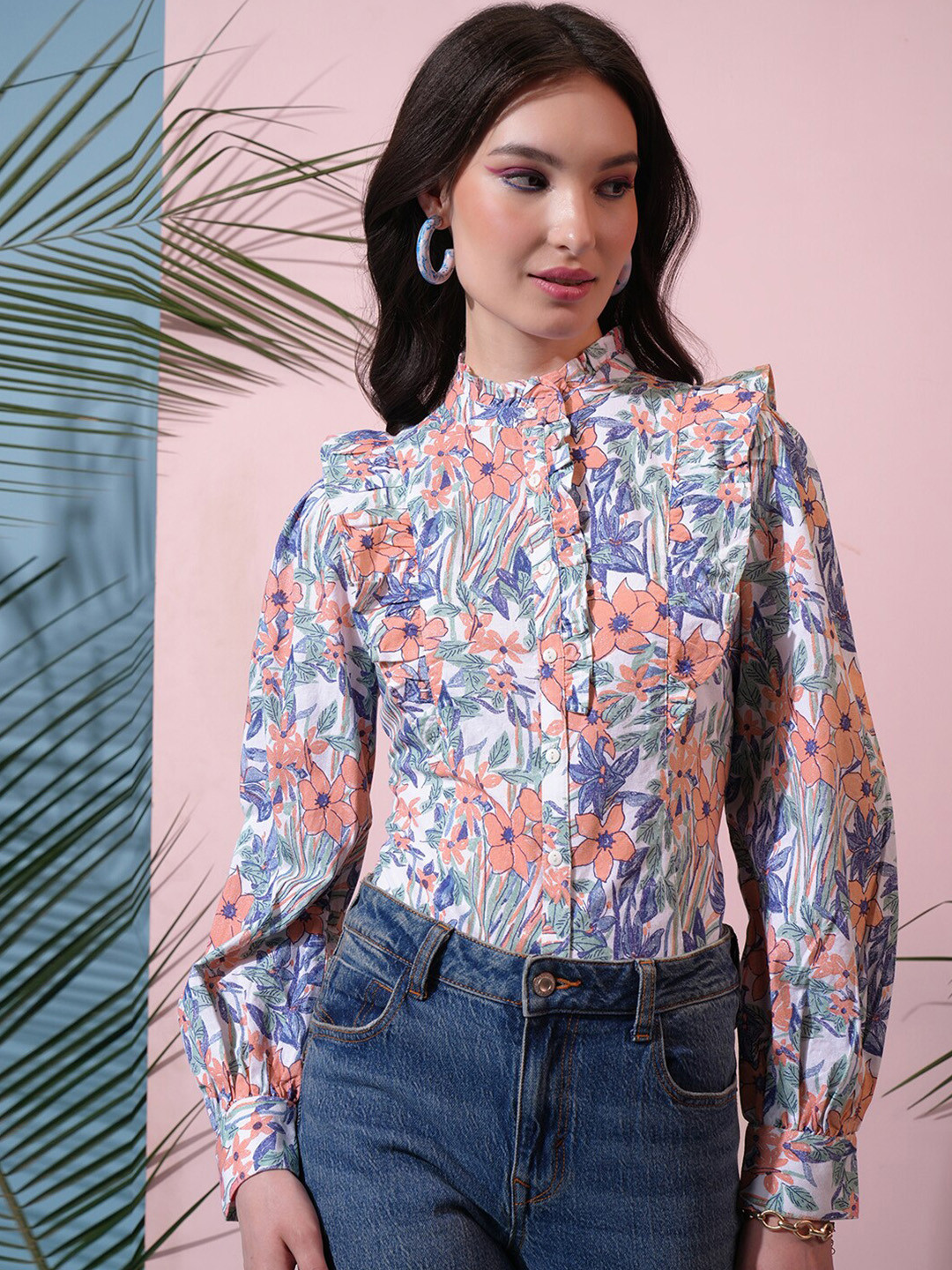 Tokyo Talkies White Floral Printed Cuffed Sleeve Ruffled Cotton Shirt Style Top