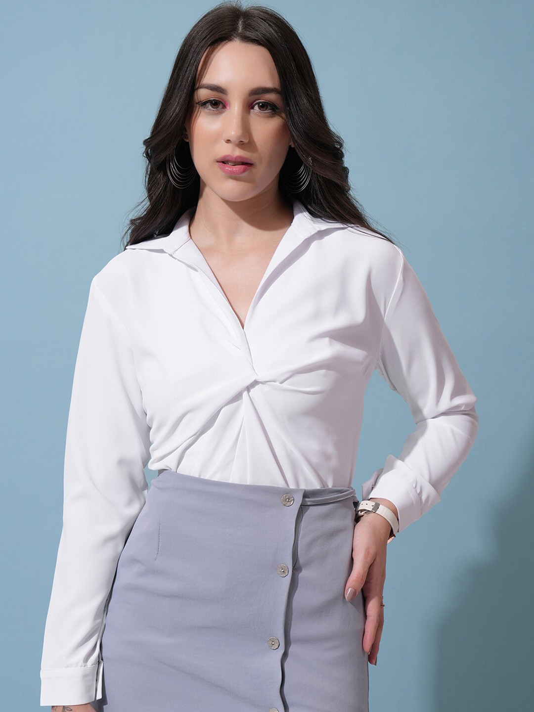 CHIC BY TOKYO TALKIES White Twisted Cuffed Sleeves Shirt Style Top