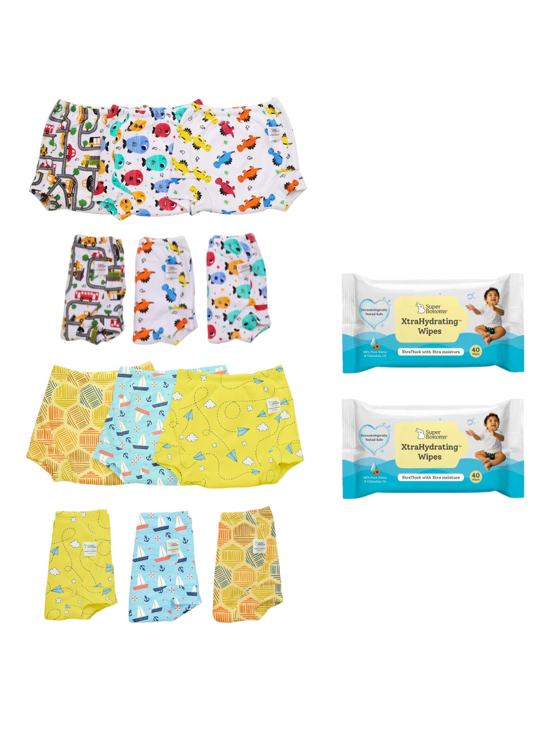 SuperBottoms Set Of 12 Printed Cotton Padded Diapers With Wipes - 40 Pcs